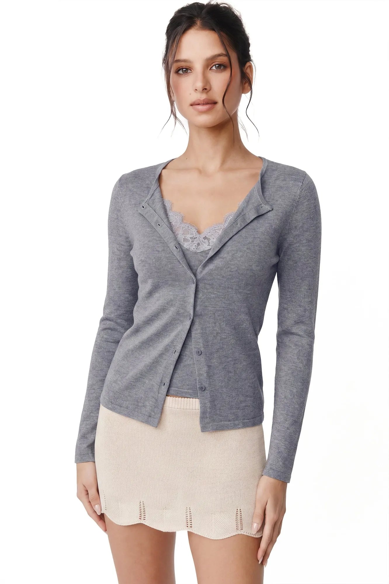 Cashmere Lace Knit Tops-SUUKSESS-Flower Grey-XS-SUUKSESS