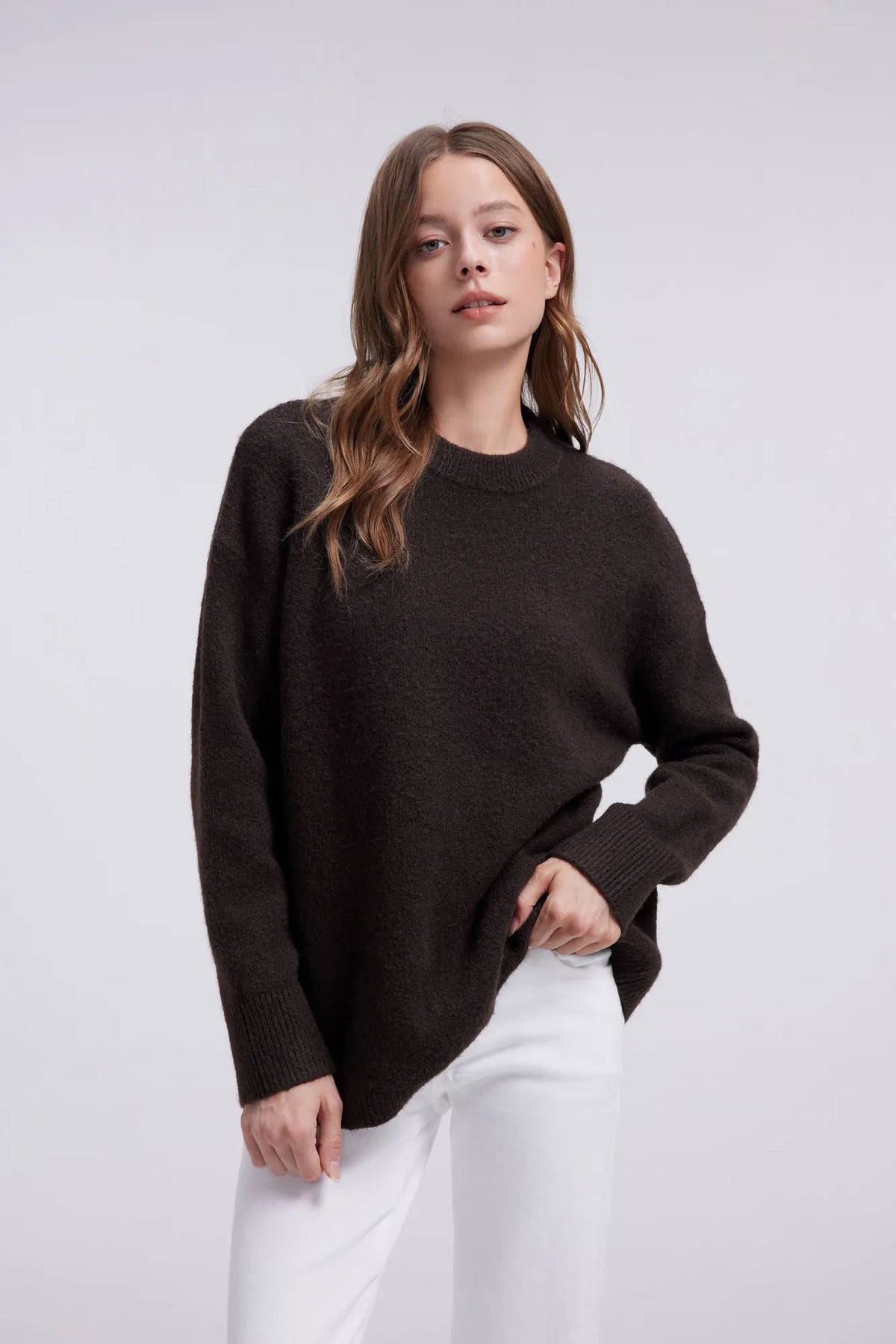 Oversized Fuzzy Knit Crew Neck Sweater - Long Sleeve