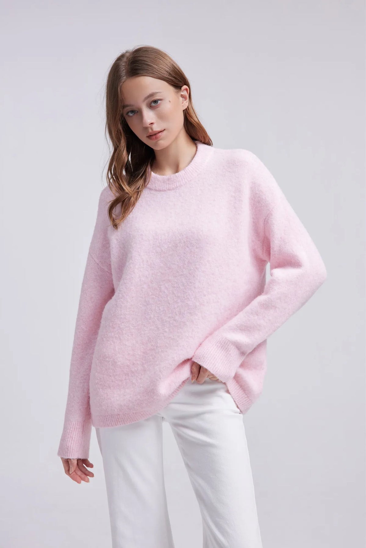 Oversized Fuzzy Knit Crew Neck Sweater - Long Sleeve