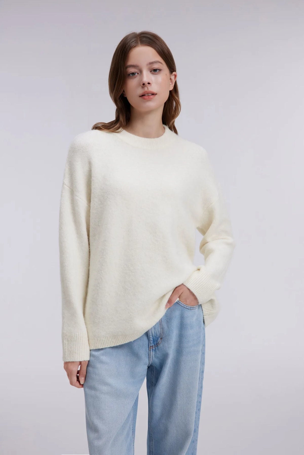 Oversized Fuzzy Knit Crew Neck Sweater - Long Sleeve
