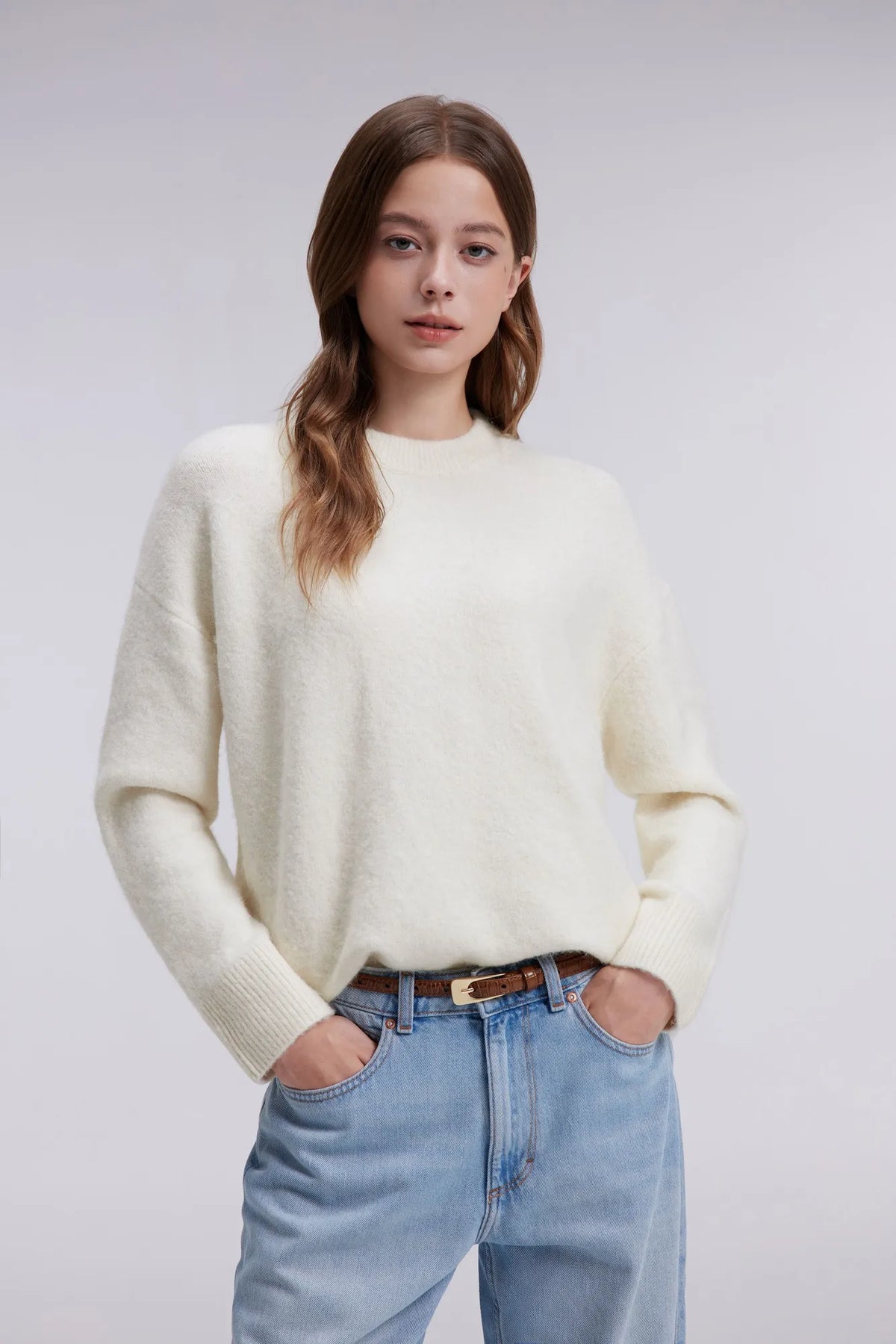 Oversized Fuzzy Knit Crew Neck Sweater - Long Sleeve