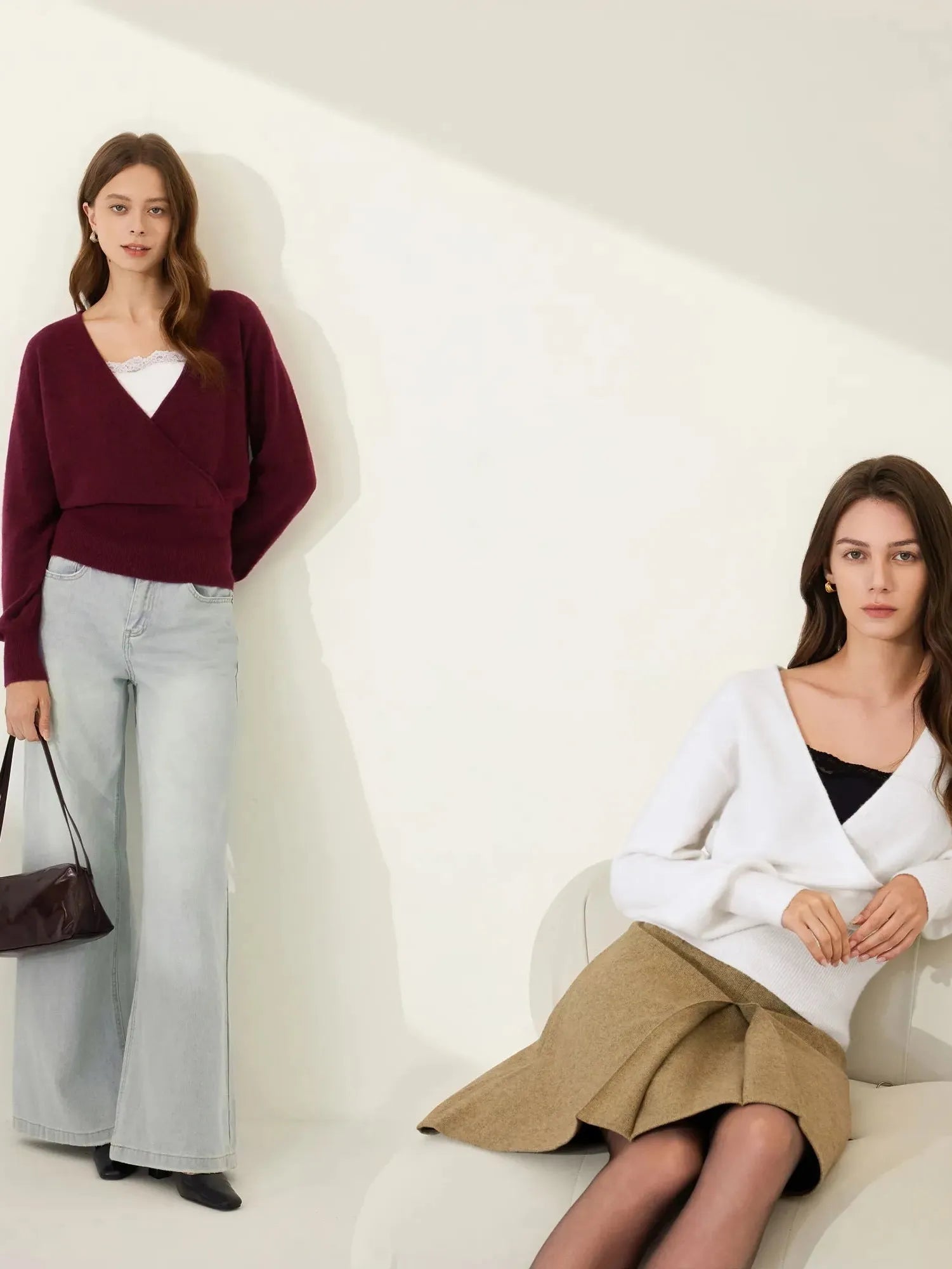 Wool V Neck Wrap Sweater - Long Sleeve-SUUKSESS-SUUKSESS