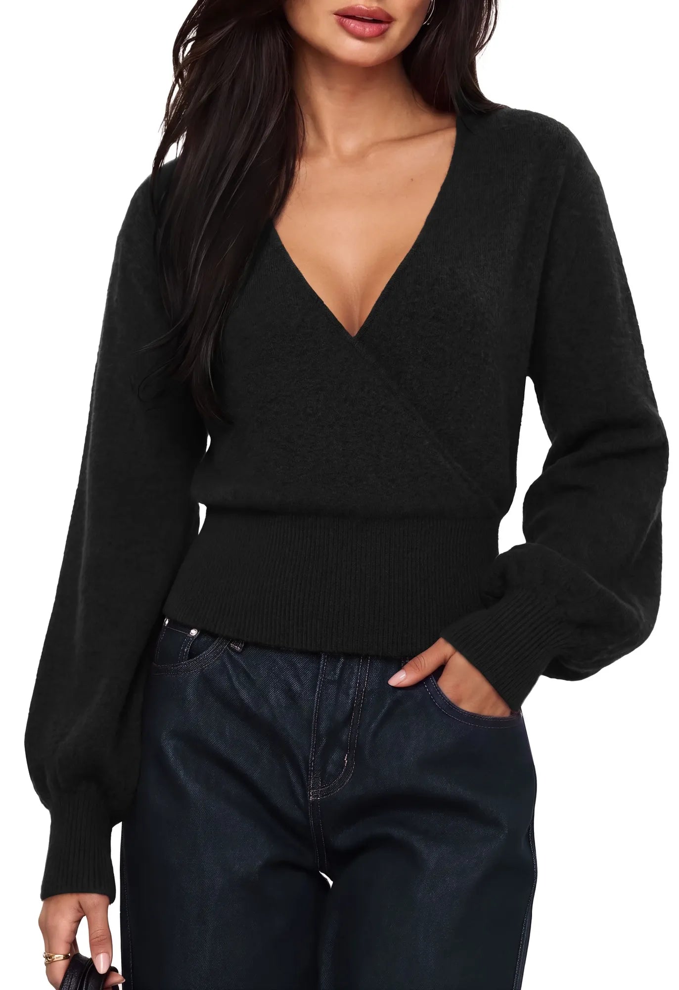 Wool V Neck Wrap Sweater - Long Sleeve-SUUKSESS-Black-XS-SUUKSESS