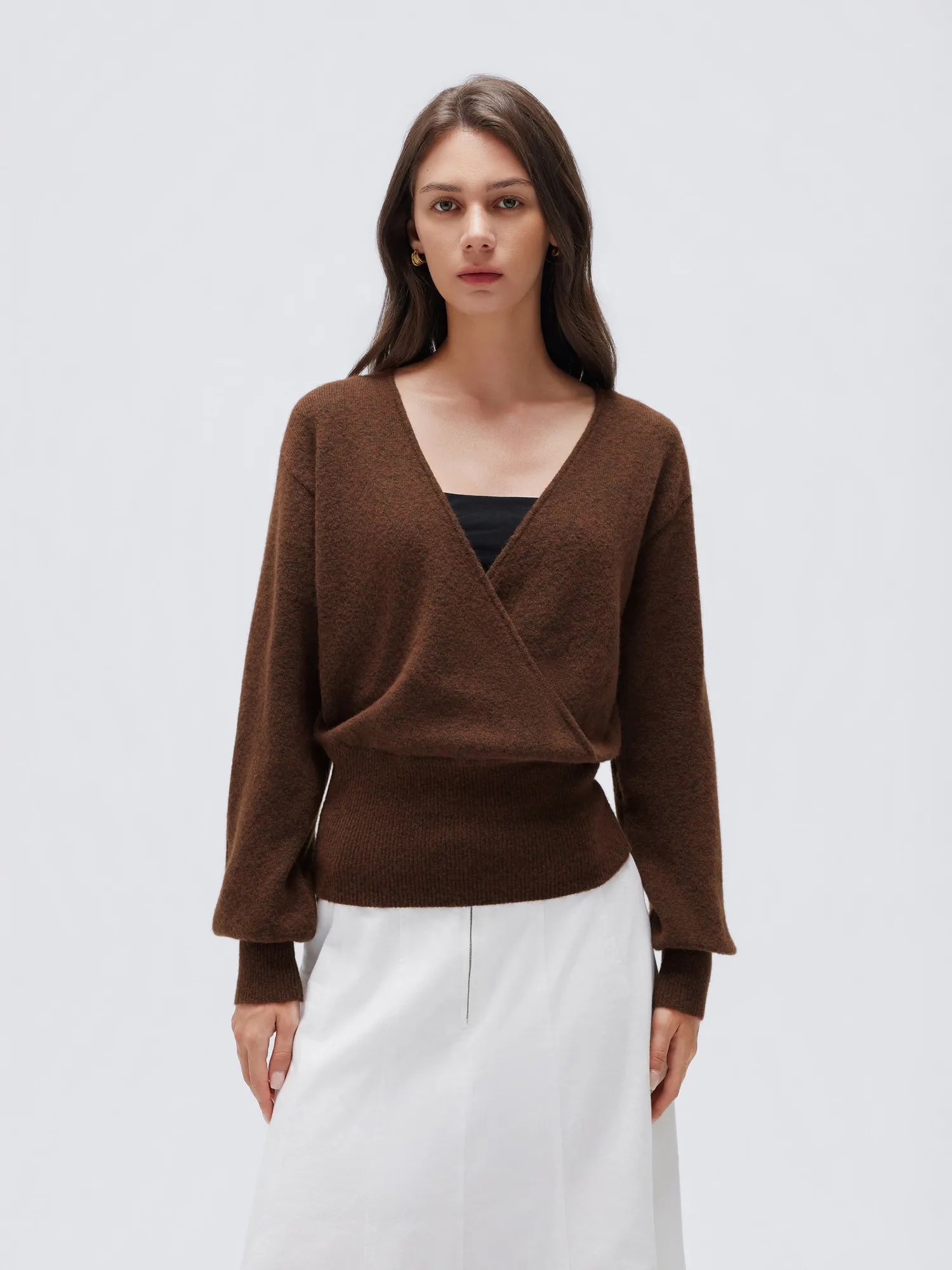 Wool V Neck Wrap Sweater - Long Sleeve-SUUKSESS-Brown-XS-SUUKSESS