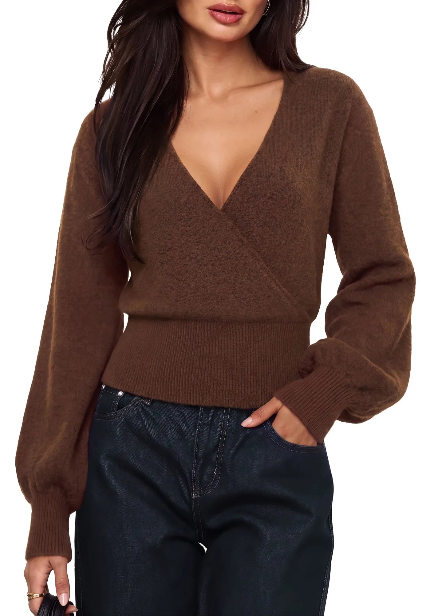 Wool V Neck Wrap Sweater - Long Sleeve-SUUKSESS-SUUKSESS