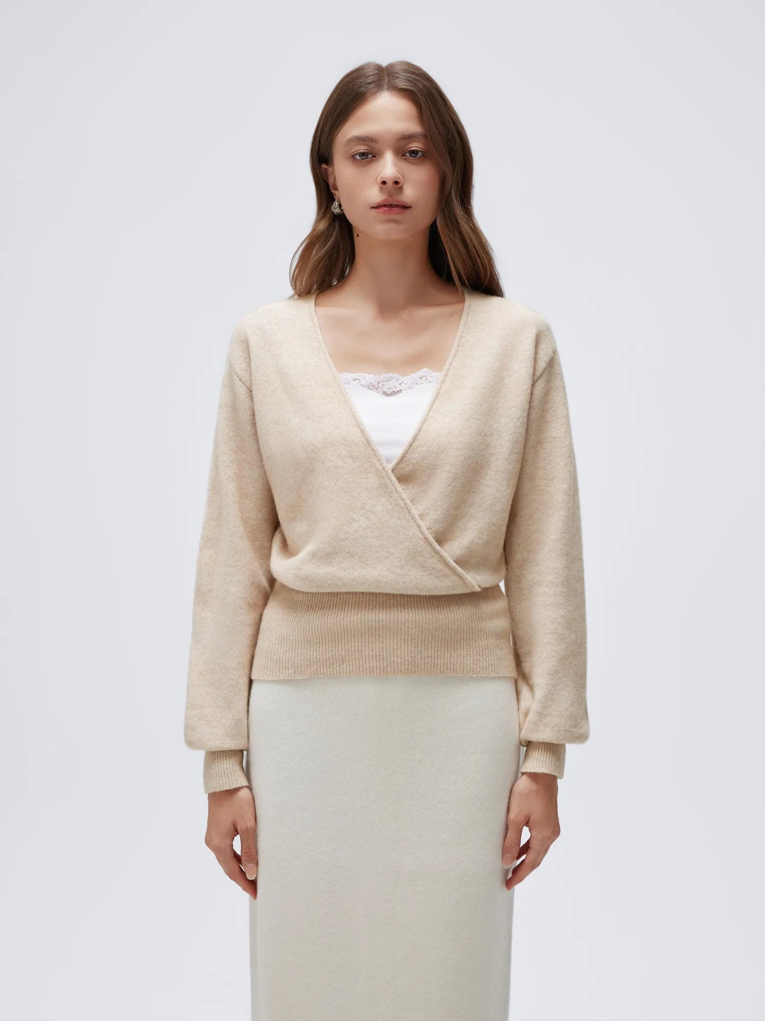 Wool V Neck Wrap Sweater - Long Sleeve-SUUKSESS-Oatmeal-XS-SUUKSESS