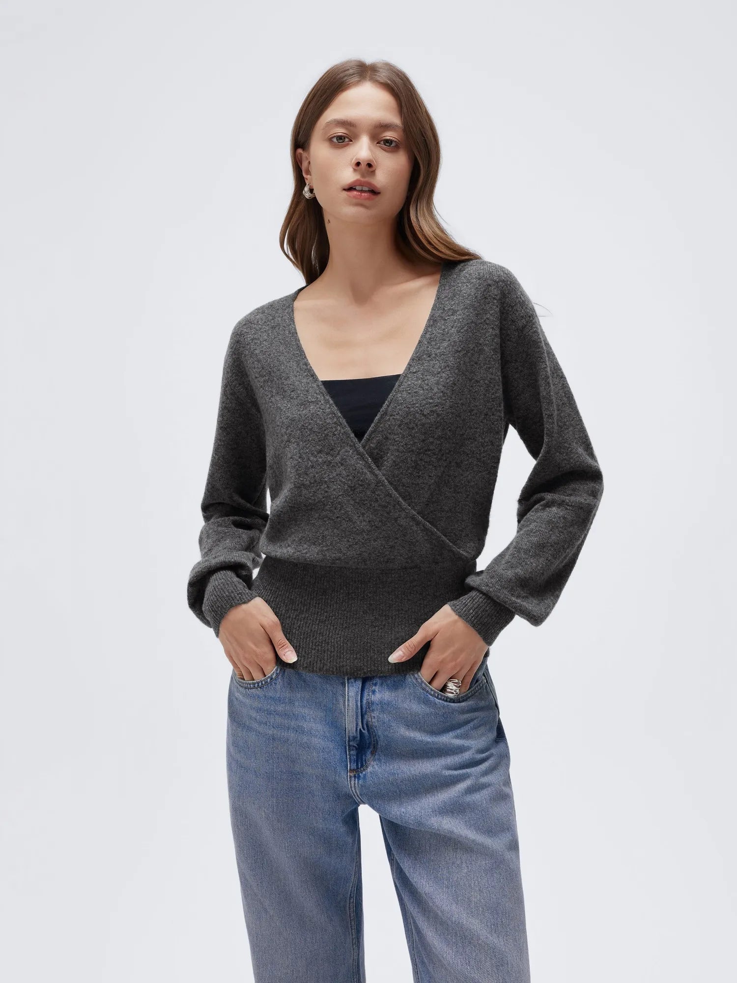 Wool V Neck Wrap Sweater - Long Sleeve-SUUKSESS-Grey-XS-SUUKSESS