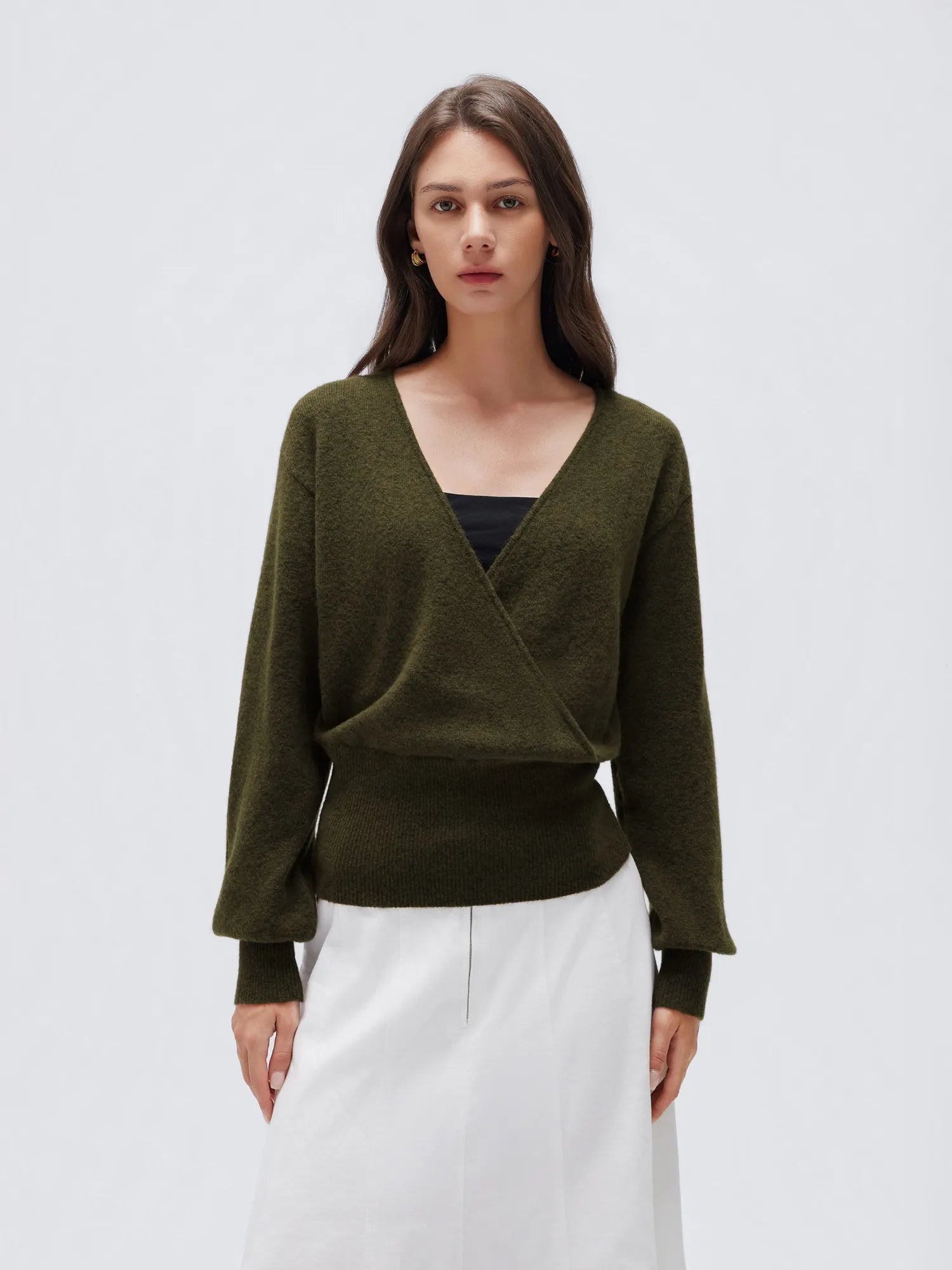Wool V Neck Wrap Sweater - Long Sleeve-SUUKSESS-Green-XS-SUUKSESS