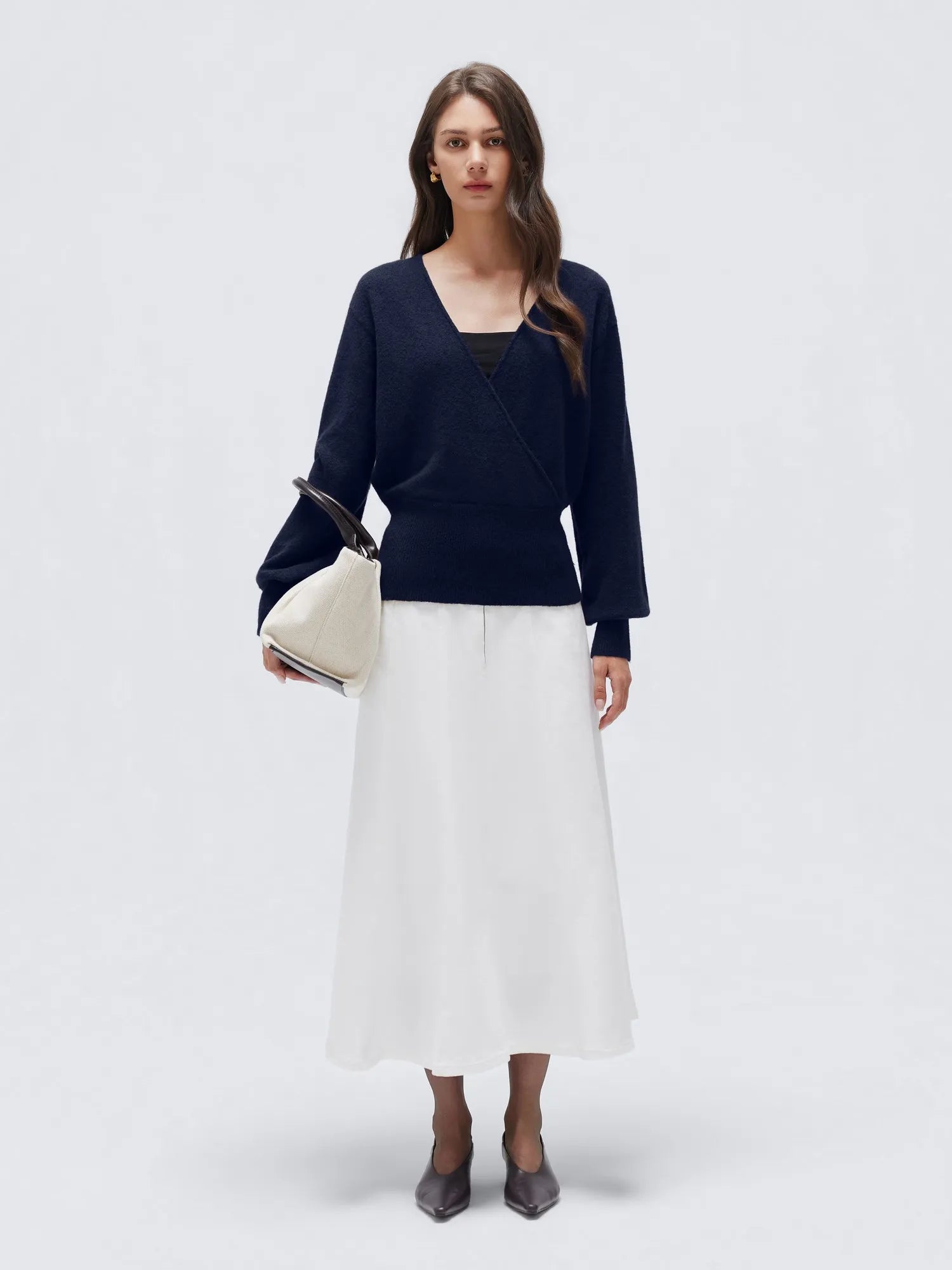 Wool V Neck Wrap Sweater - Long Sleeve-SUUKSESS-Navy-XS-SUUKSESS