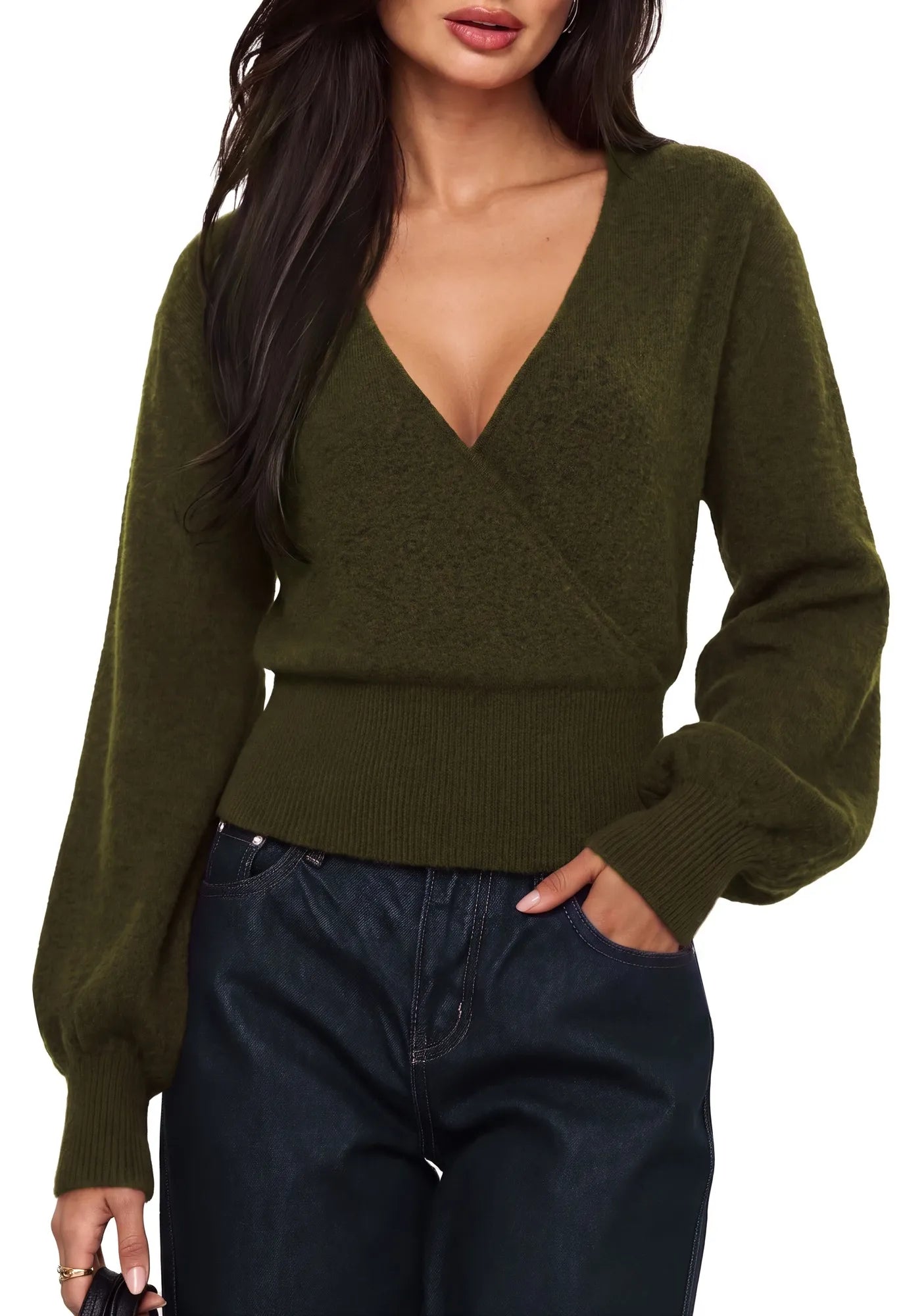 Wool V Neck Wrap Sweater - Long Sleeve-SUUKSESS-SUUKSESS