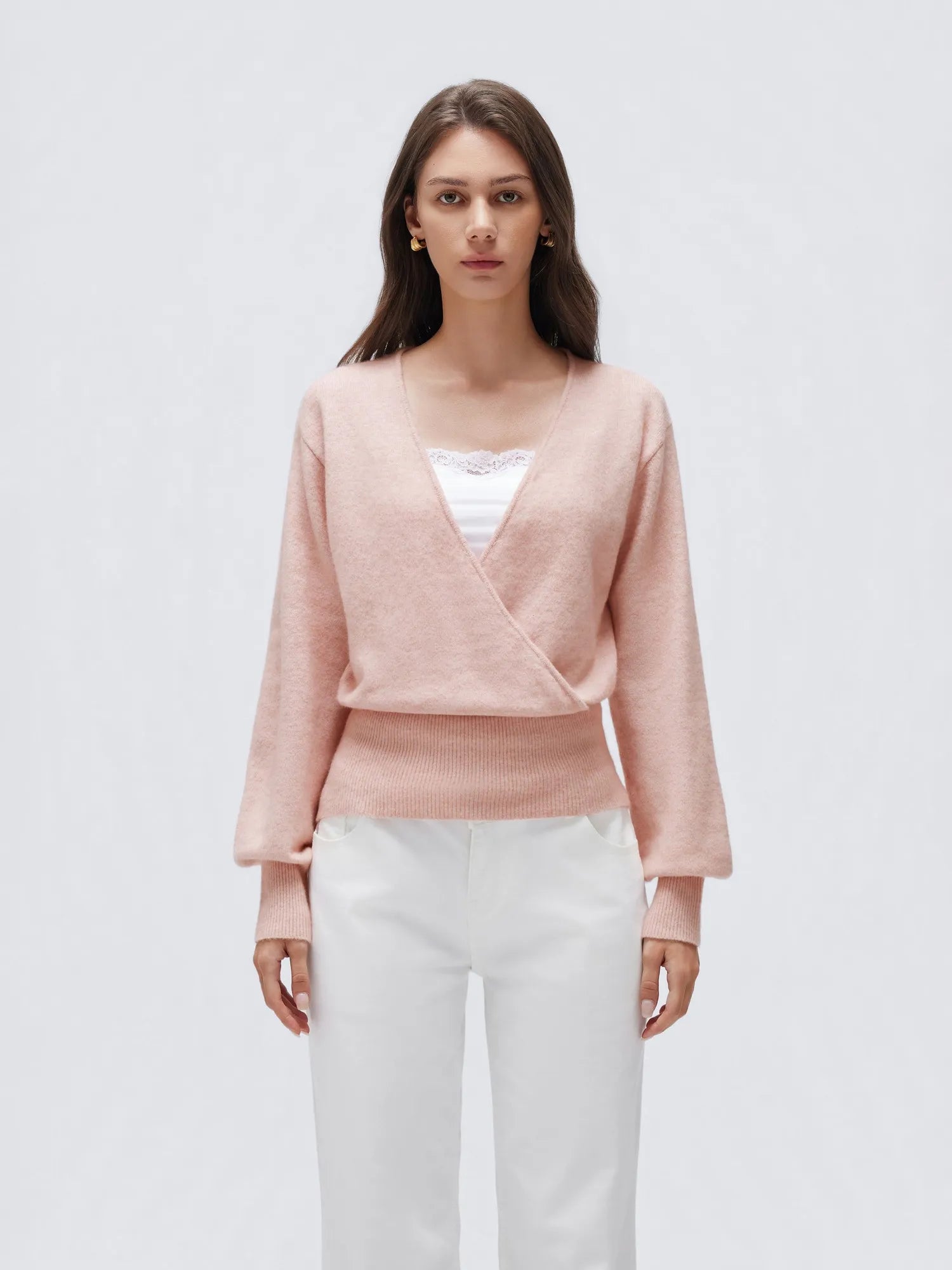 Wool V Neck Wrap Sweater - Long Sleeve-SUUKSESS-Pink-XS-SUUKSESS