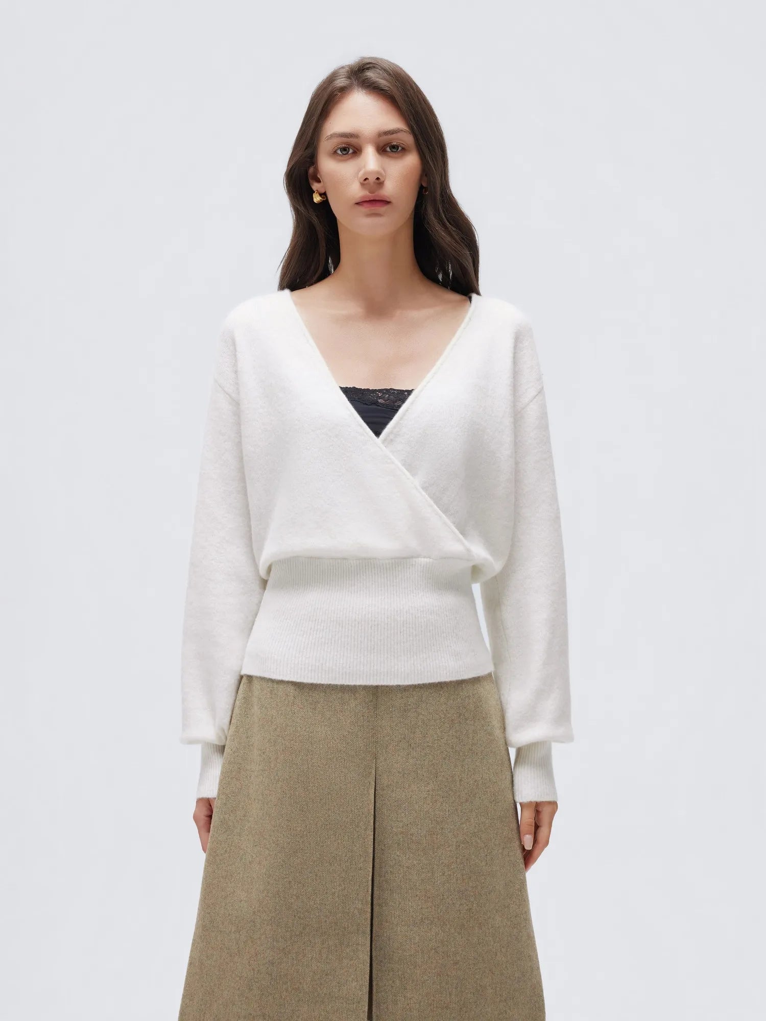 Wool V Neck Wrap Sweater - Long Sleeve-SUUKSESS-SUUKSESS