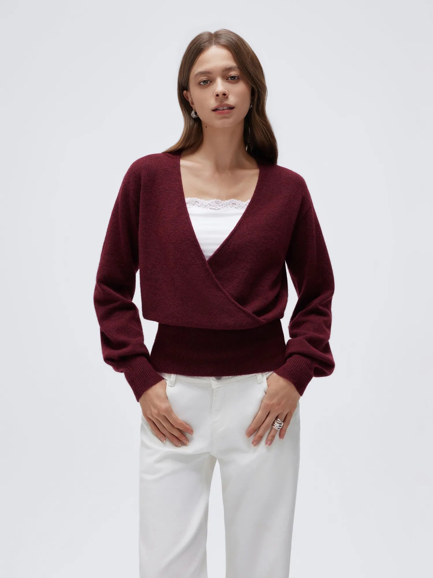 Wool V Neck Wrap Sweater - Long Sleeve-SUUKSESS-Wine-XS-SUUKSESS