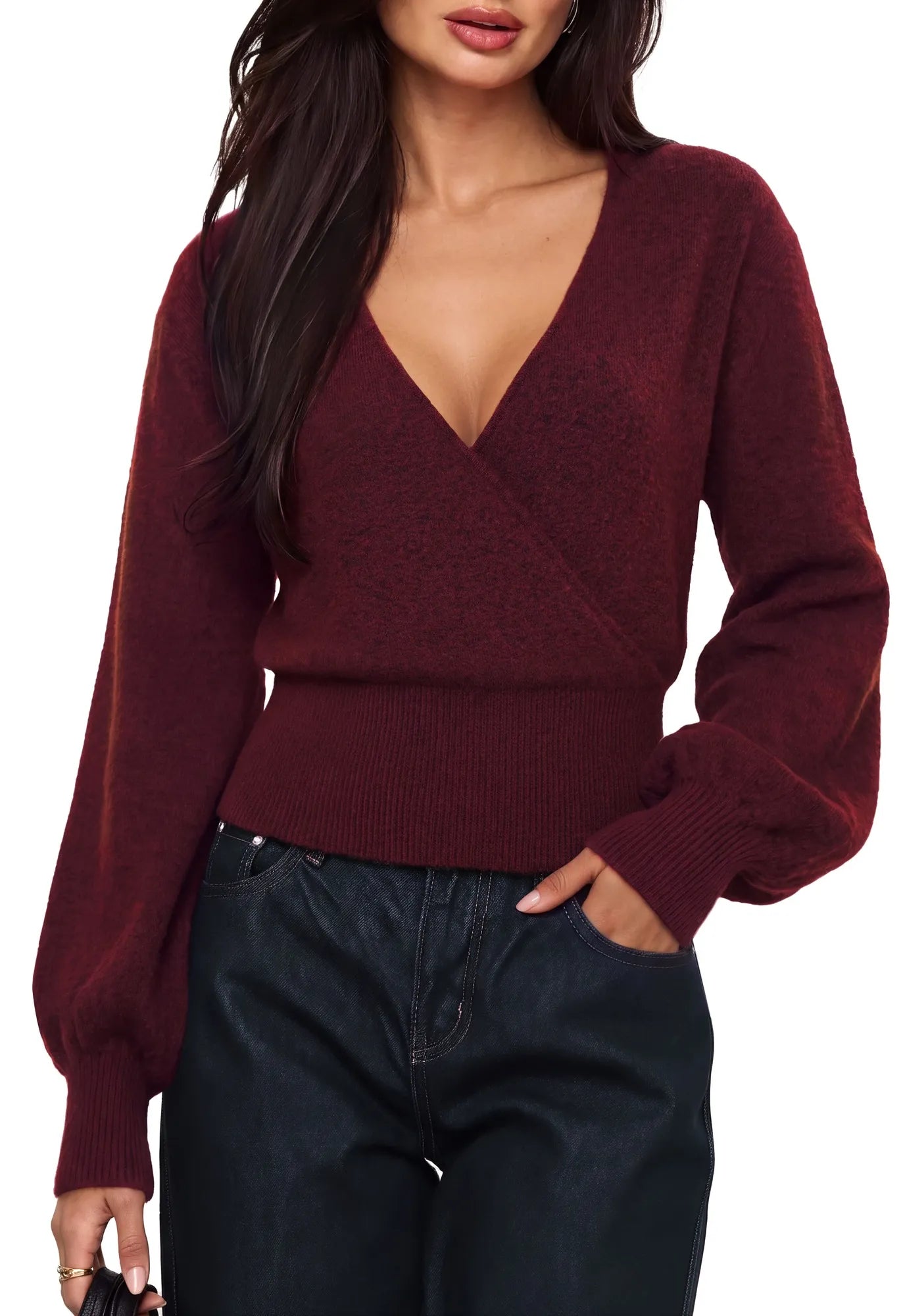 Wool V Neck Wrap Sweater - Long Sleeve-SUUKSESS-SUUKSESS