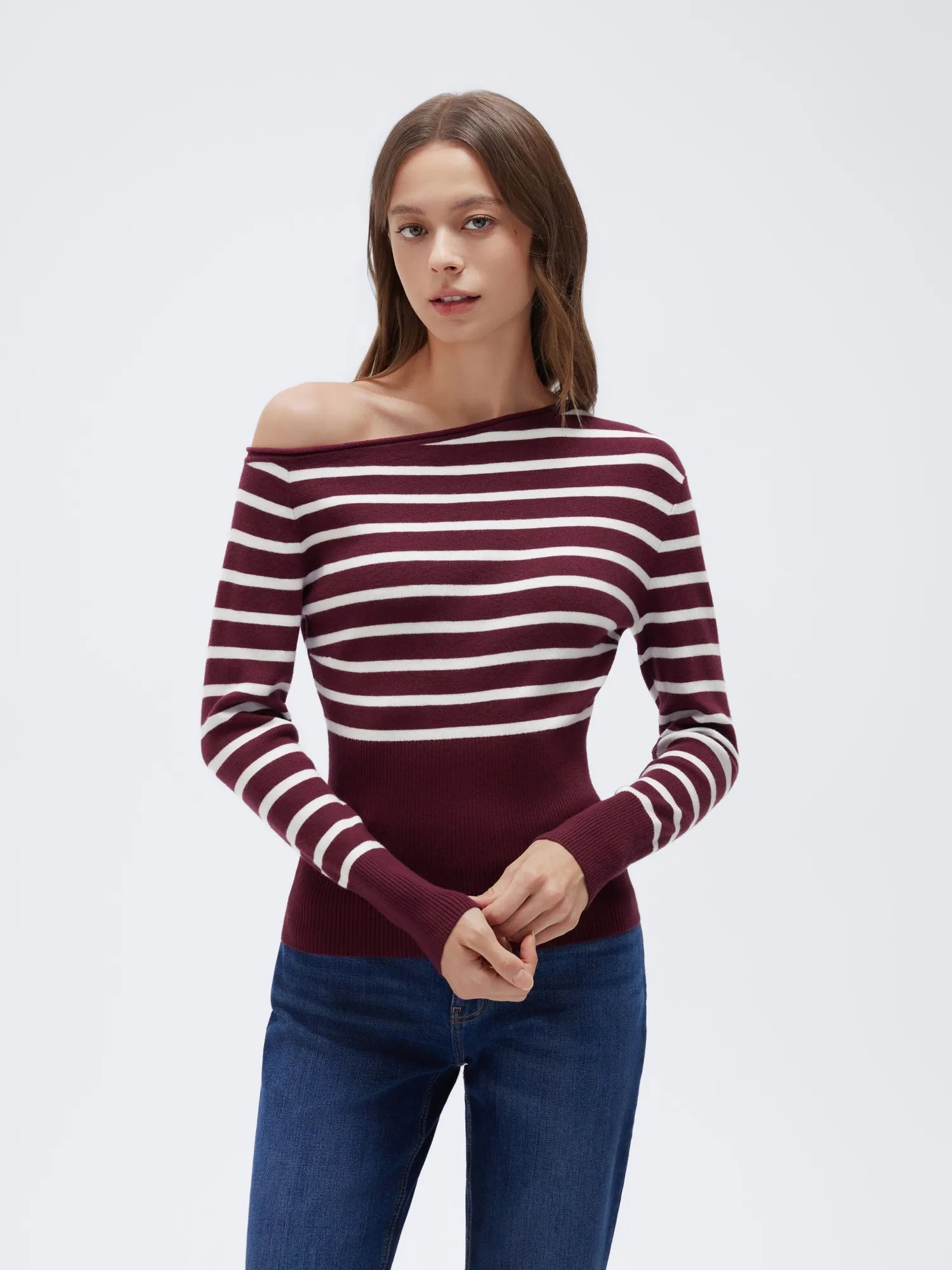 Fall Off the Shoulder Soft Sweater-SUUKSESS-Burgundy White Stripes-XS-SUUKSESS