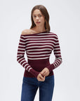 Fall Off the Shoulder Soft Sweater-SUUKSESS-Burgundy White Stripes-XS-SUUKSESS