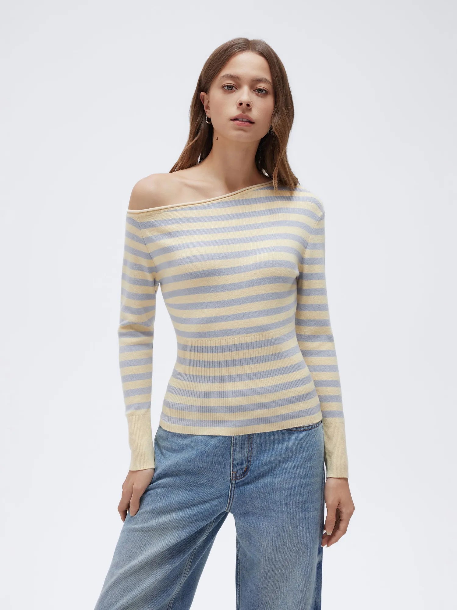 Fall Off the Shoulder Soft Sweater-SUUKSESS-Yellow Grey Stripes-XS-SUUKSESS