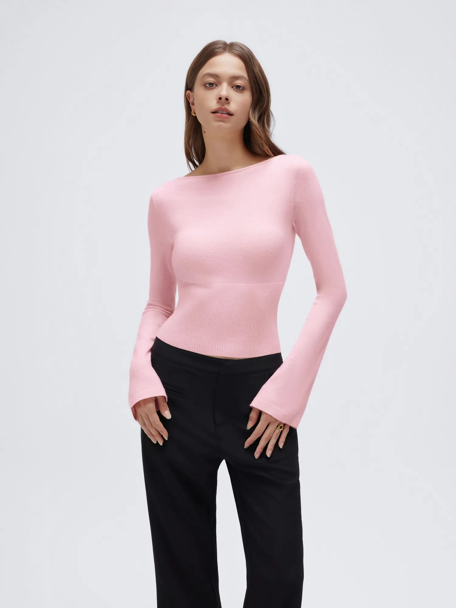 Cashmere Cinched Waist Boat Neck Bell Sleeve Sweaters-SUUKSESS-Pink-XS-SUUKSESS