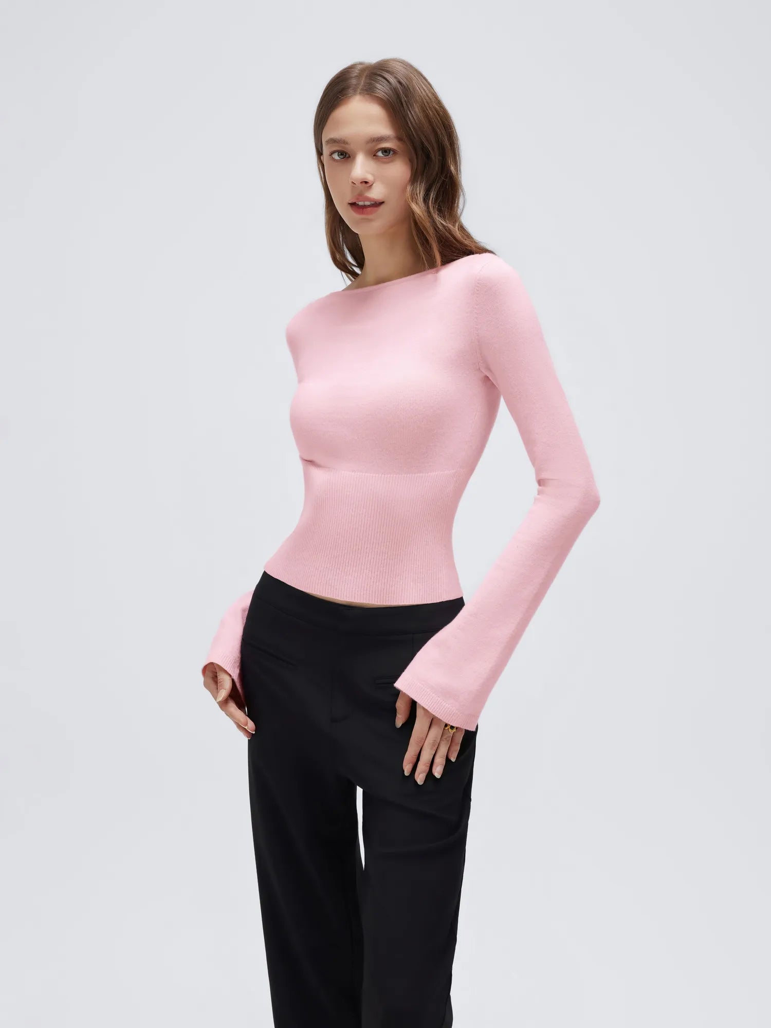 Cashmere Cinched Waist Boat Neck Bell Sleeve Sweaters-SUUKSESS-SUUKSESS