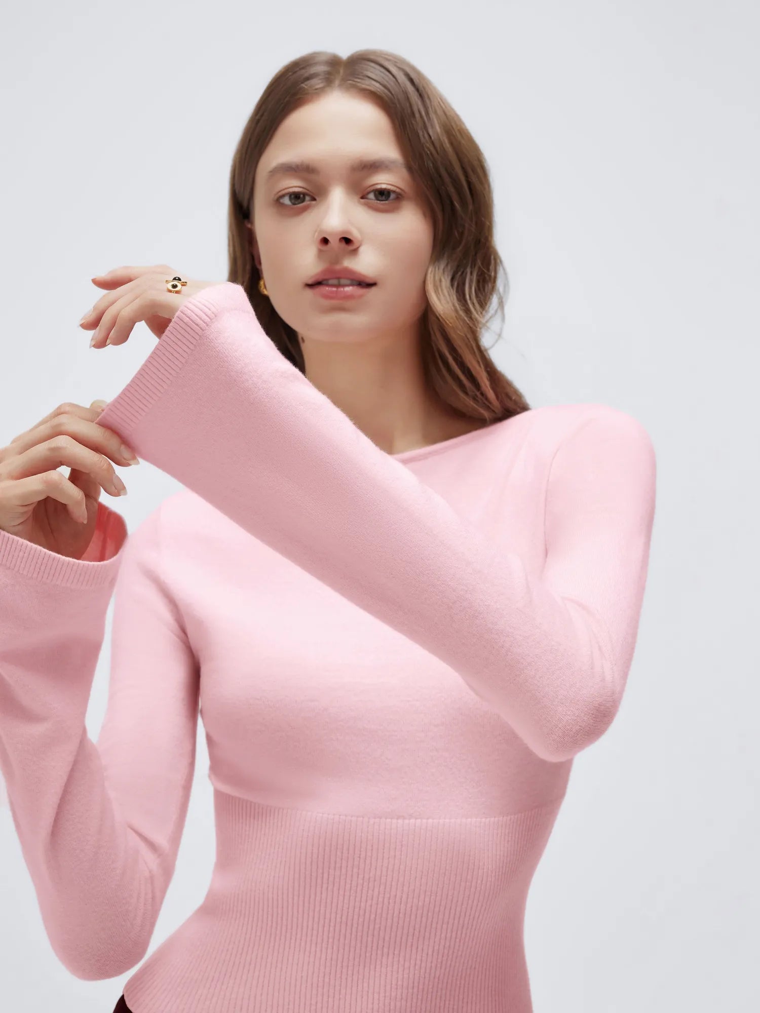 Cashmere Cinched Waist Boat Neck Bell Sleeve Sweaters-SUUKSESS-SUUKSESS
