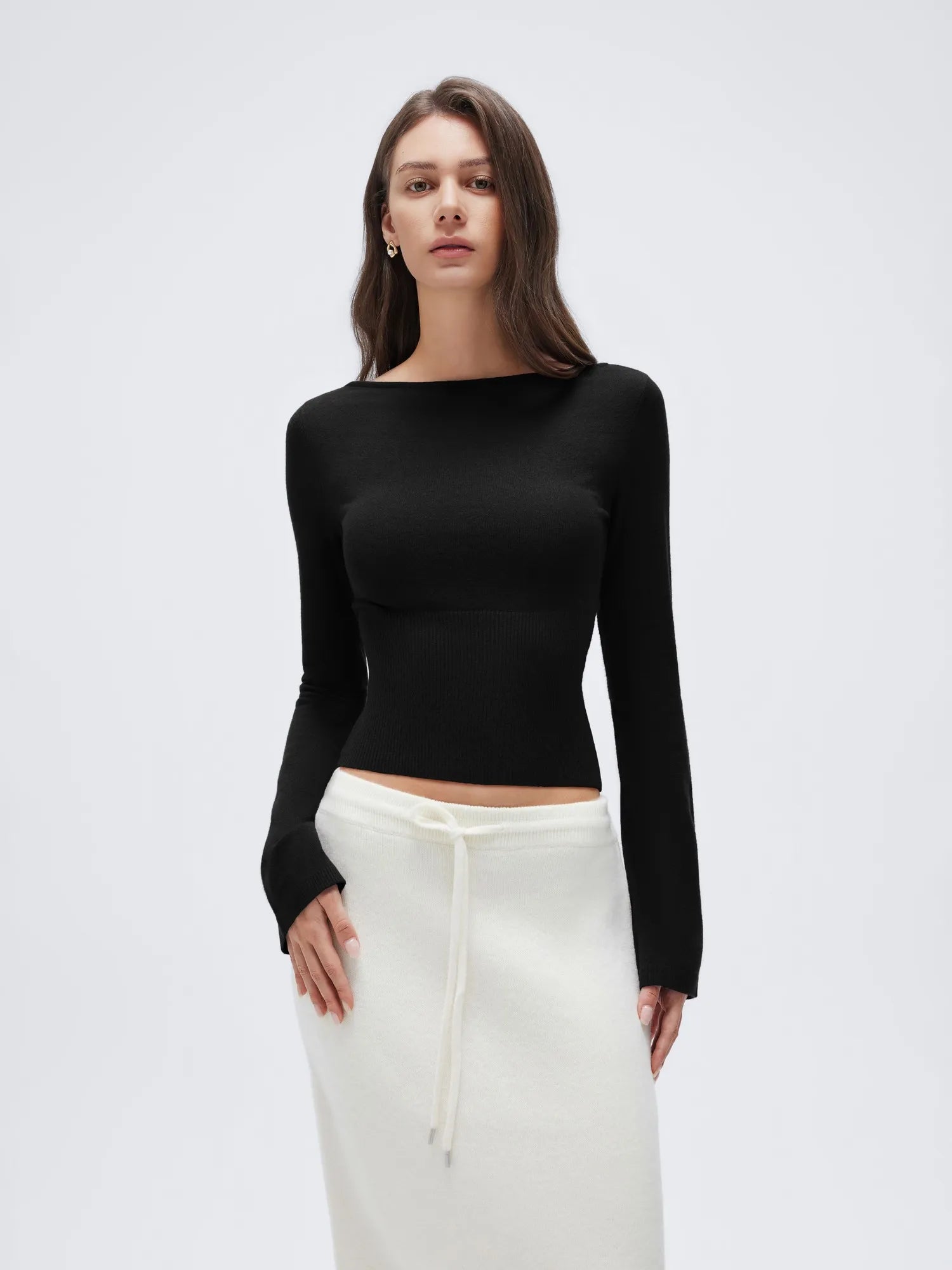 Cashmere Cinched Waist Boat Neck Bell Sleeve Sweaters-SUUKSESS-Black-XS-SUUKSESS