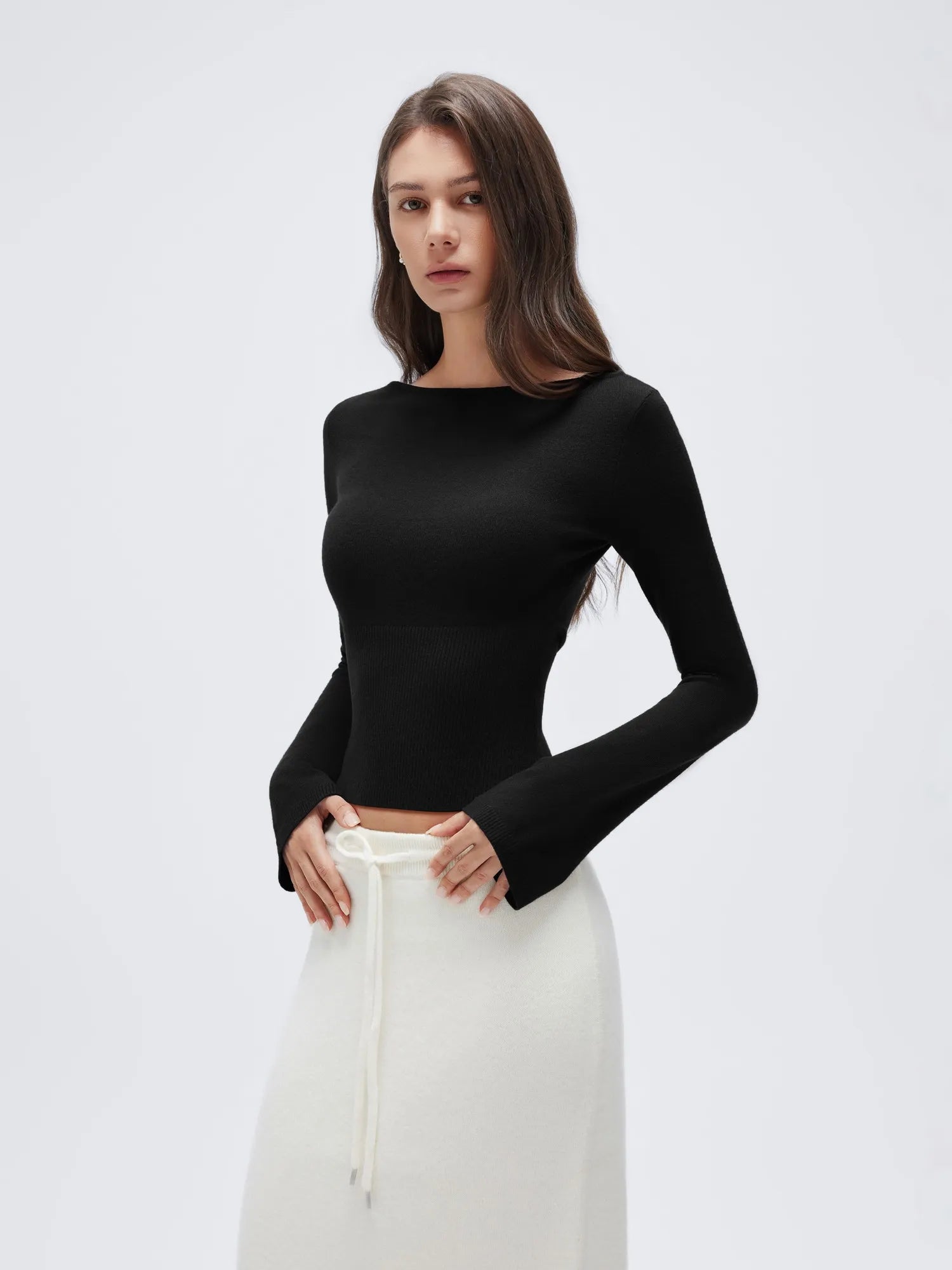 Cashmere Cinched Waist Boat Neck Bell Sleeve Sweaters-SUUKSESS-SUUKSESS