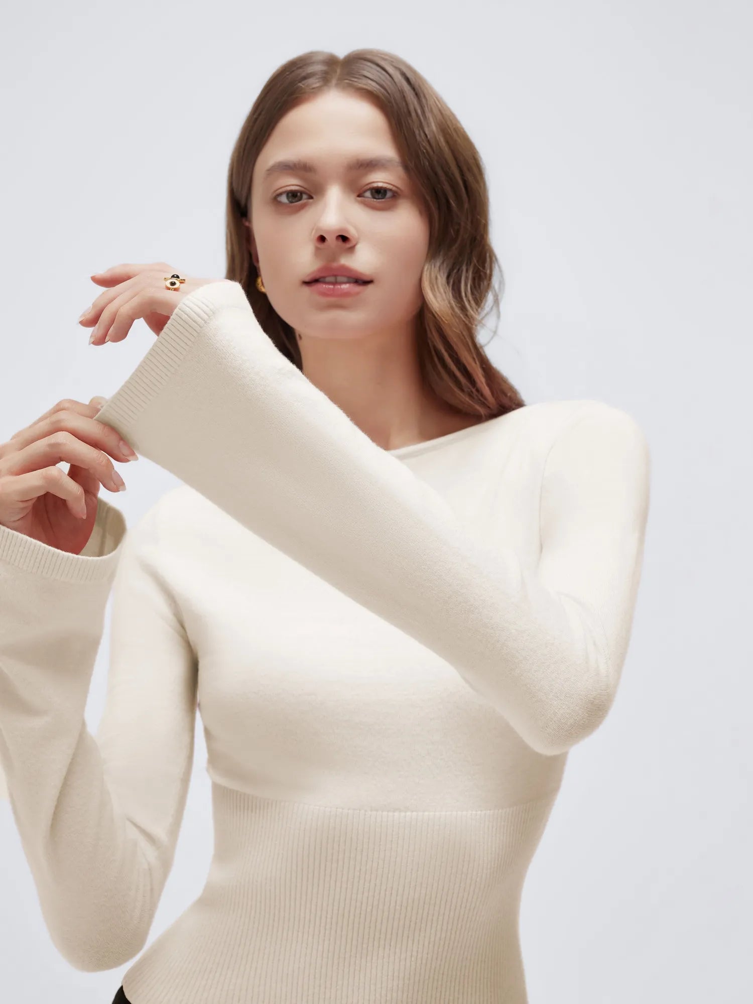 Cashmere Cinched Waist Boat Neck Bell Sleeve Sweaters-SUUKSESS-SUUKSESS