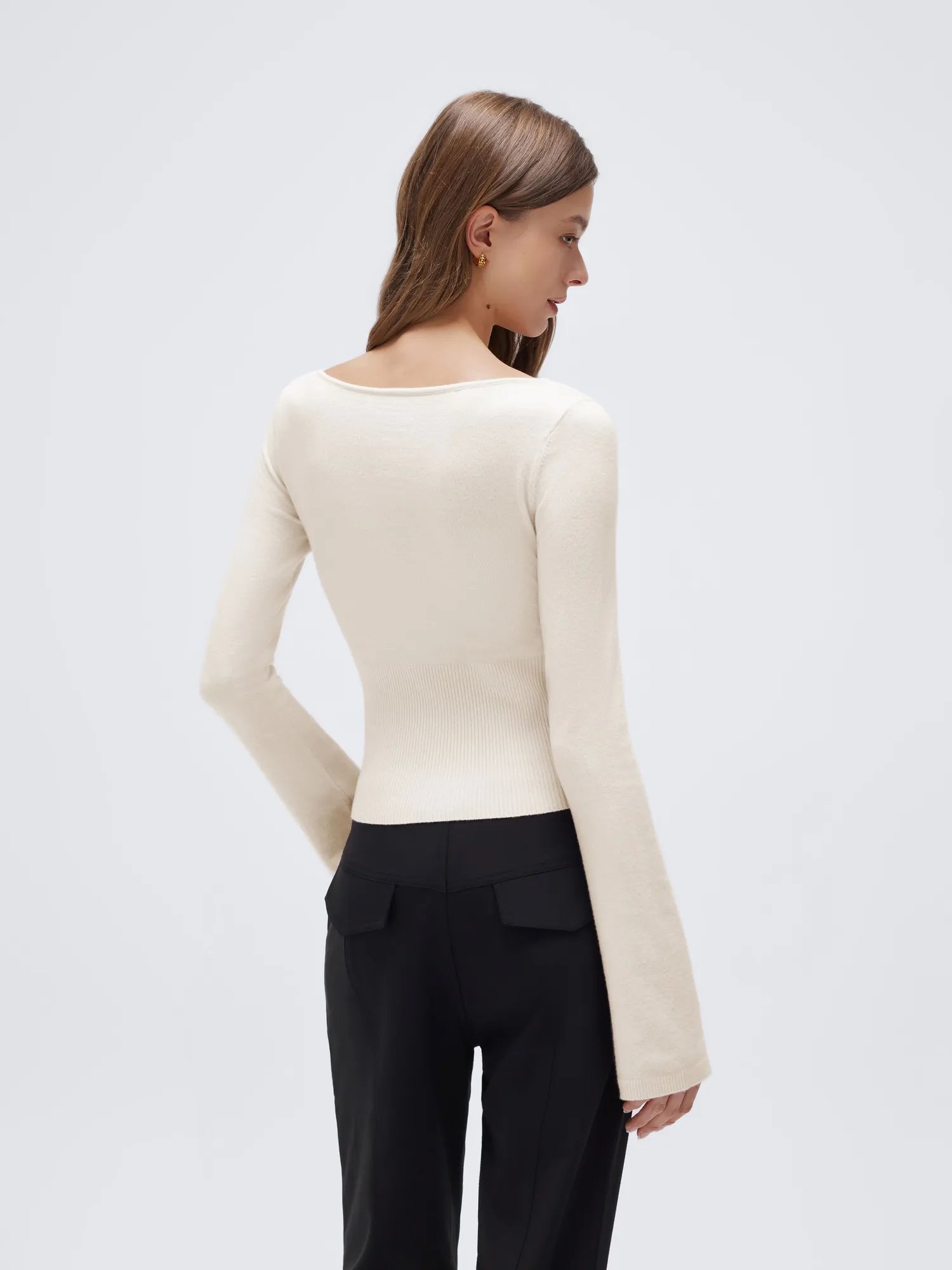 Cashmere Cinched Waist Boat Neck Bell Sleeve Sweaters-SUUKSESS-SUUKSESS