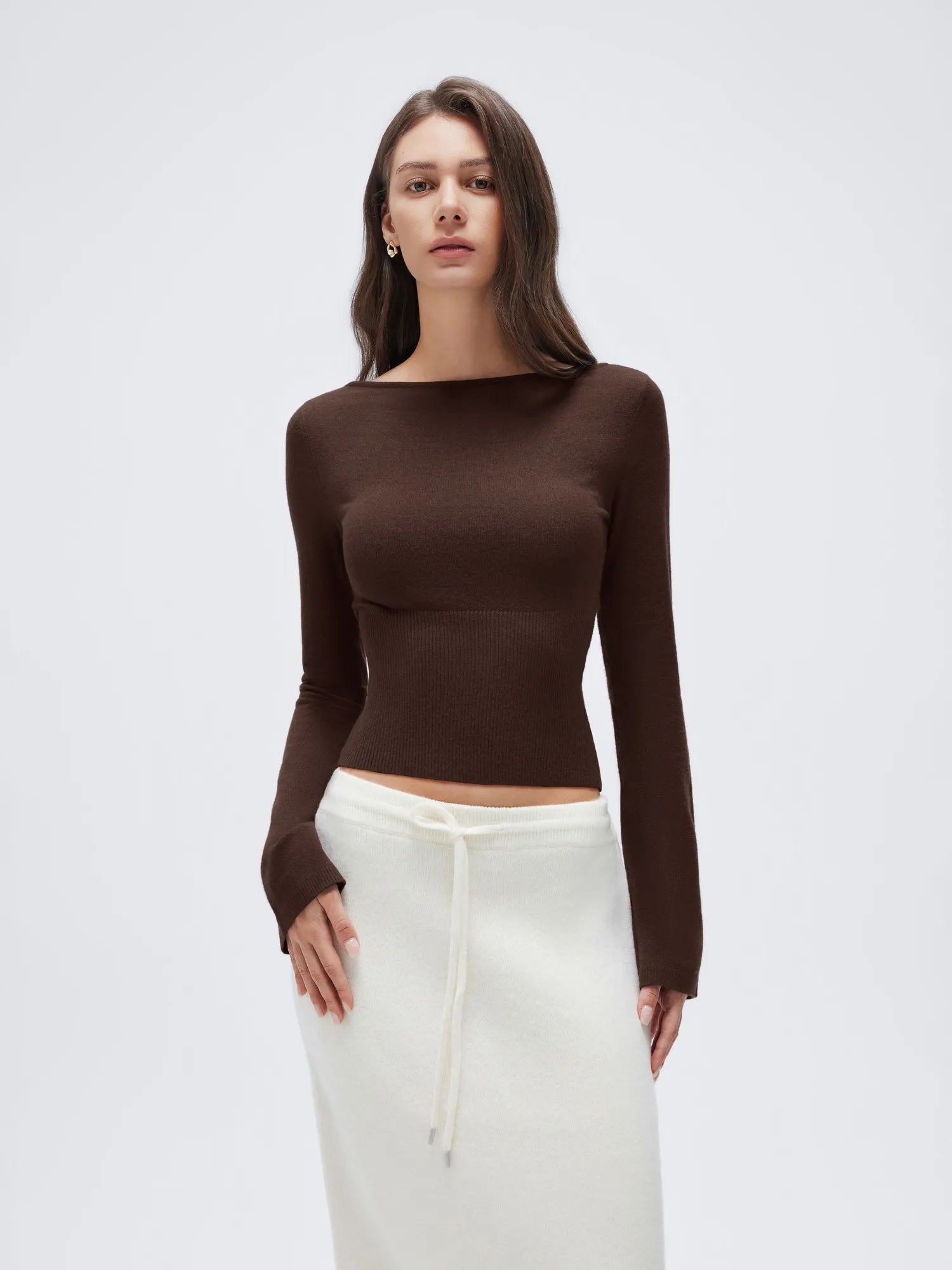 Cashmere Cinched Waist Boat Neck Bell Sleeve Sweaters-SUUKSESS-Brown-XS-SUUKSESS