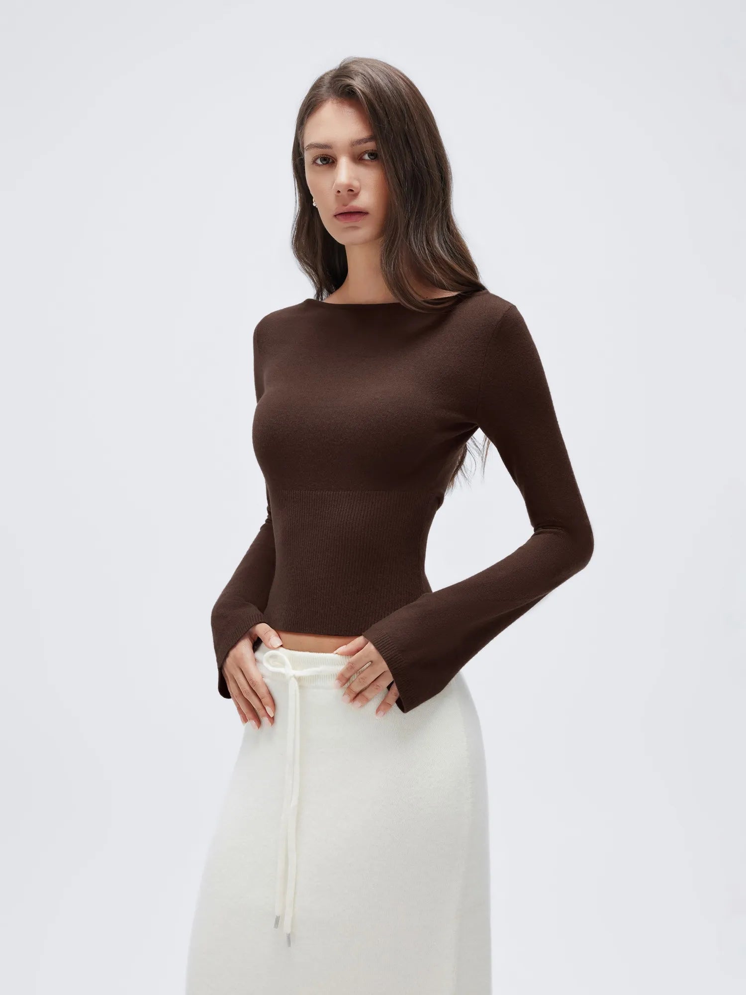 Cashmere Cinched Waist Boat Neck Bell Sleeve Sweaters-SUUKSESS-SUUKSESS