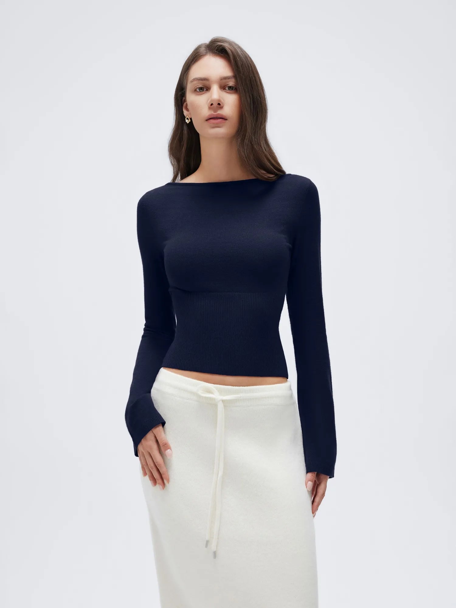 Cashmere Cinched Waist Boat Neck Bell Sleeve Sweaters-SUUKSESS-Navy-XS-SUUKSESS