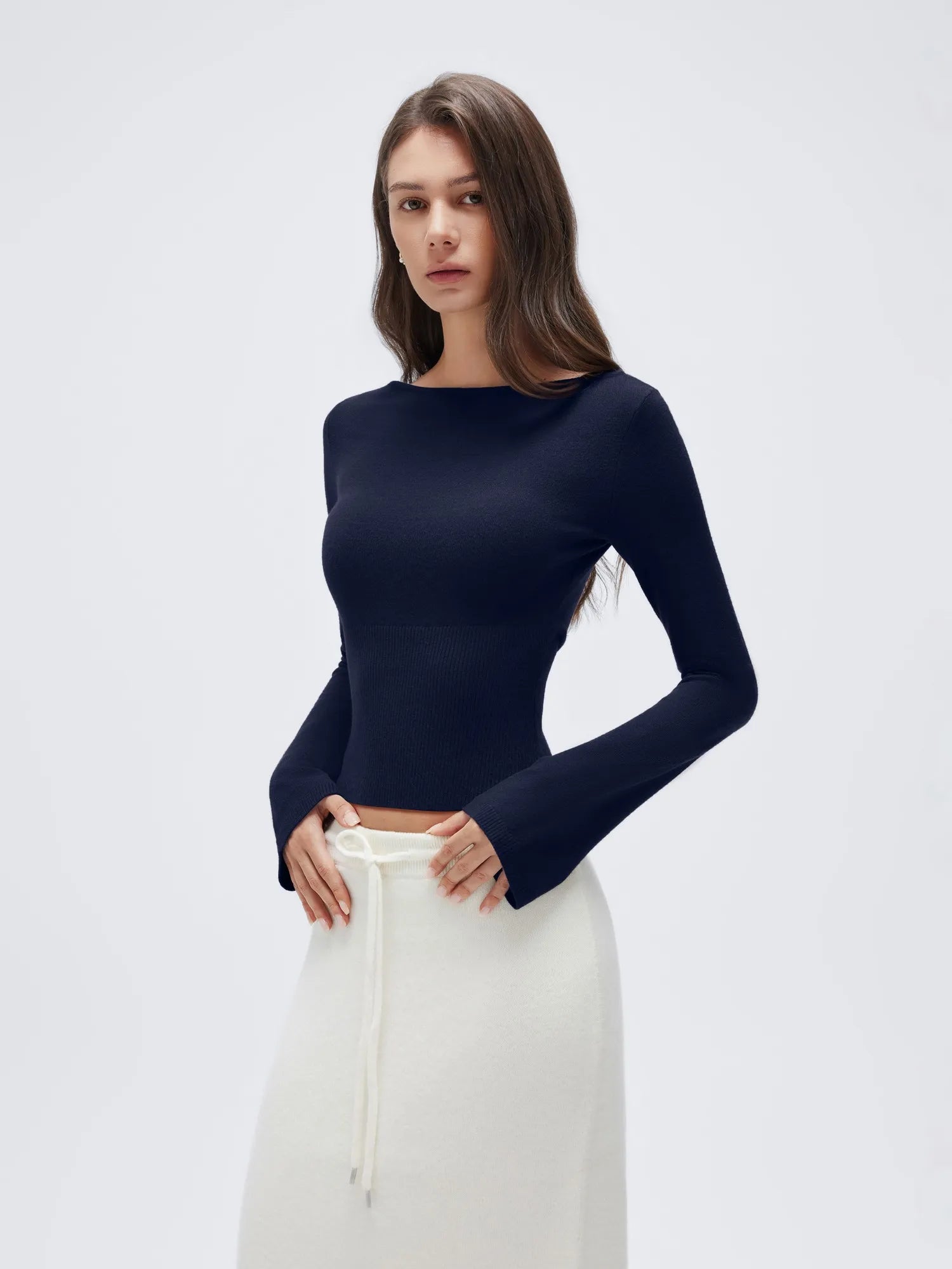 Cashmere Cinched Waist Boat Neck Bell Sleeve Sweaters-SUUKSESS-SUUKSESS