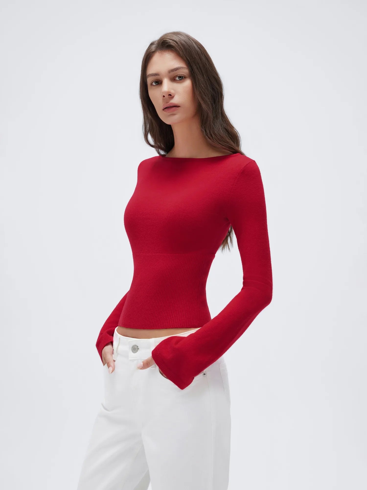 Cashmere Cinched Waist Boat Neck Bell Sleeve Sweaters-SUUKSESS-Red-XS-SUUKSESS
