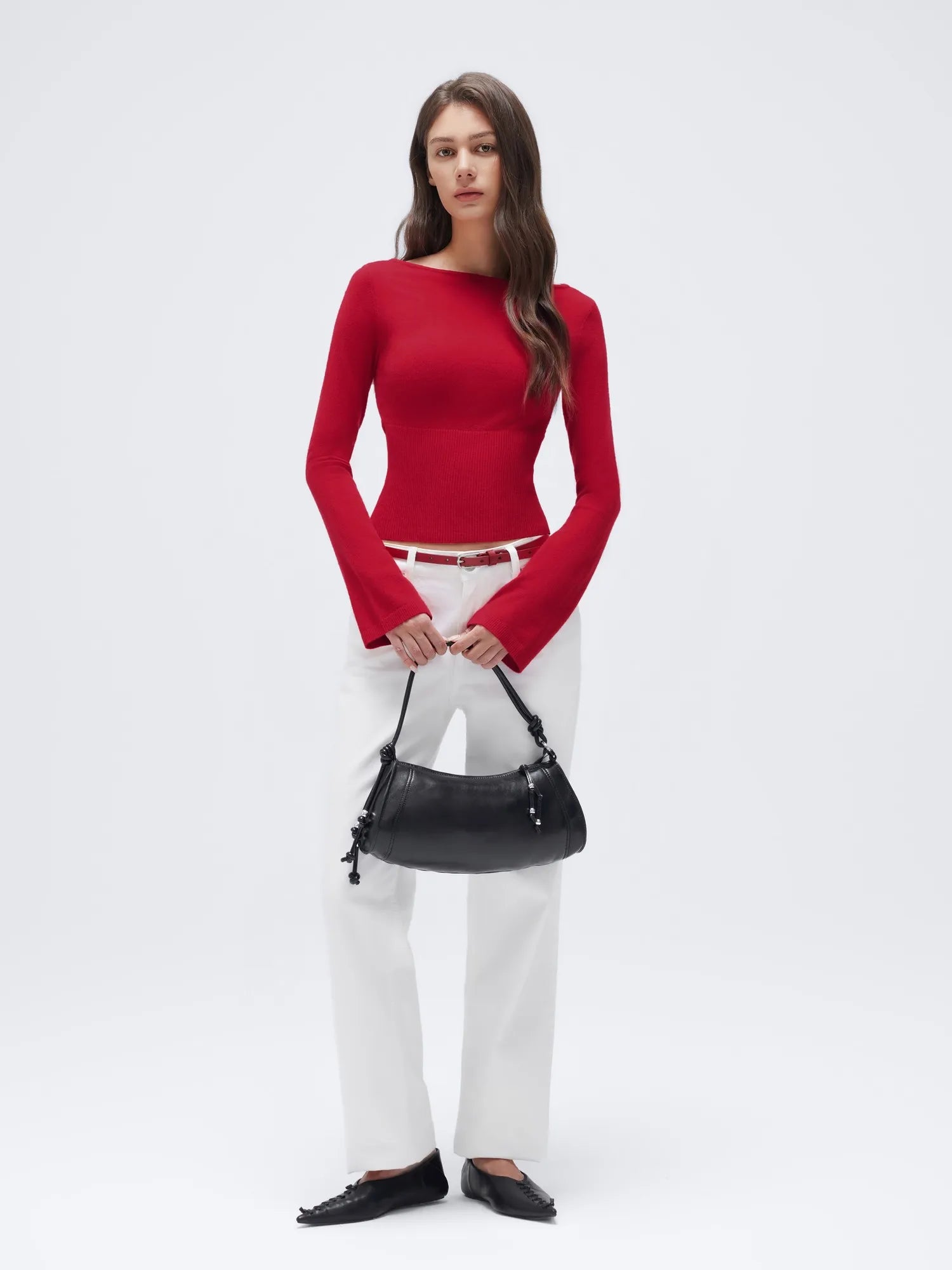 Cashmere Cinched Waist Boat Neck Bell Sleeve Sweaters-SUUKSESS-SUUKSESS