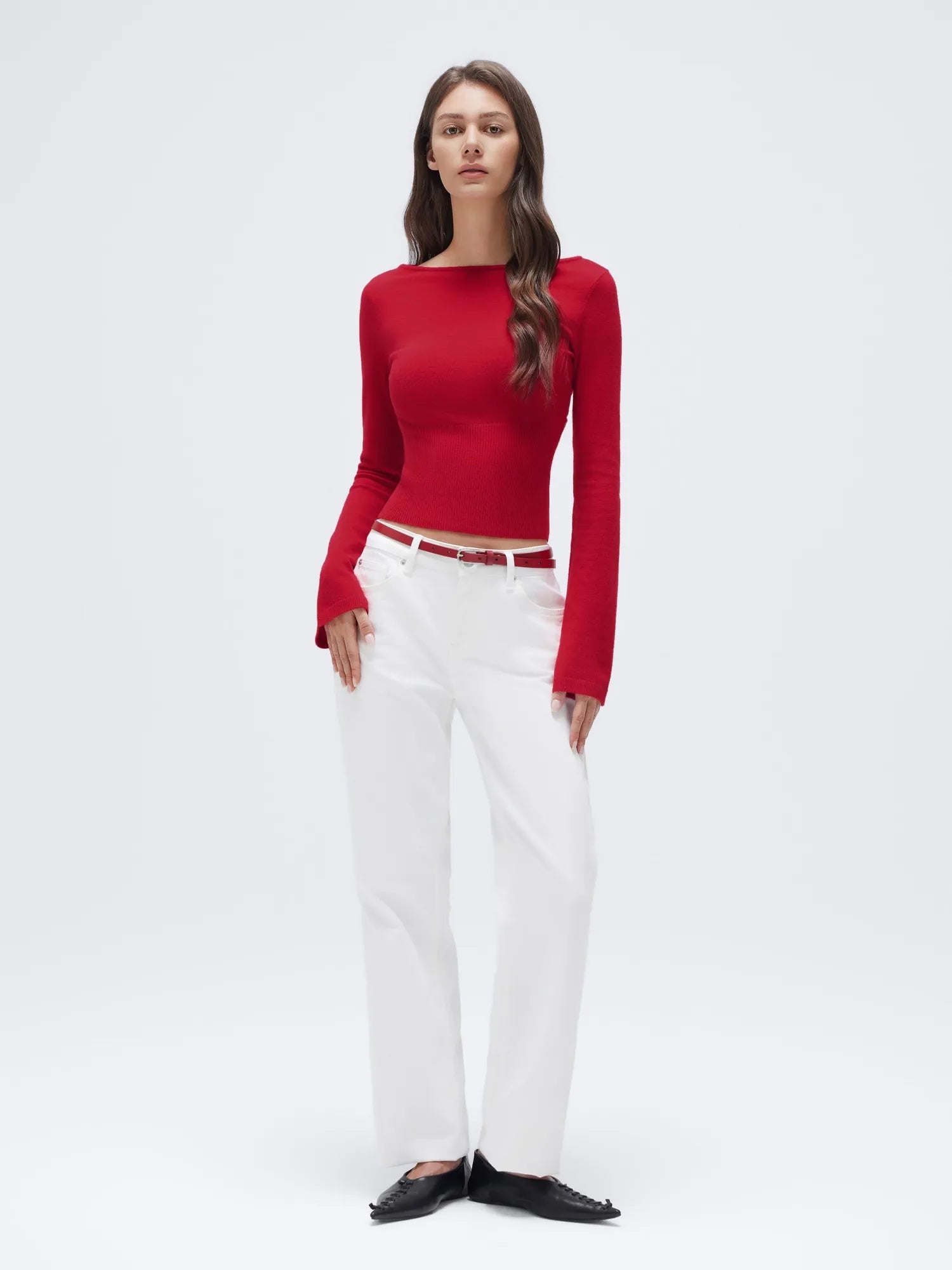 Cashmere Cinched Waist Boat Neck Bell Sleeve Sweaters-SUUKSESS-SUUKSESS