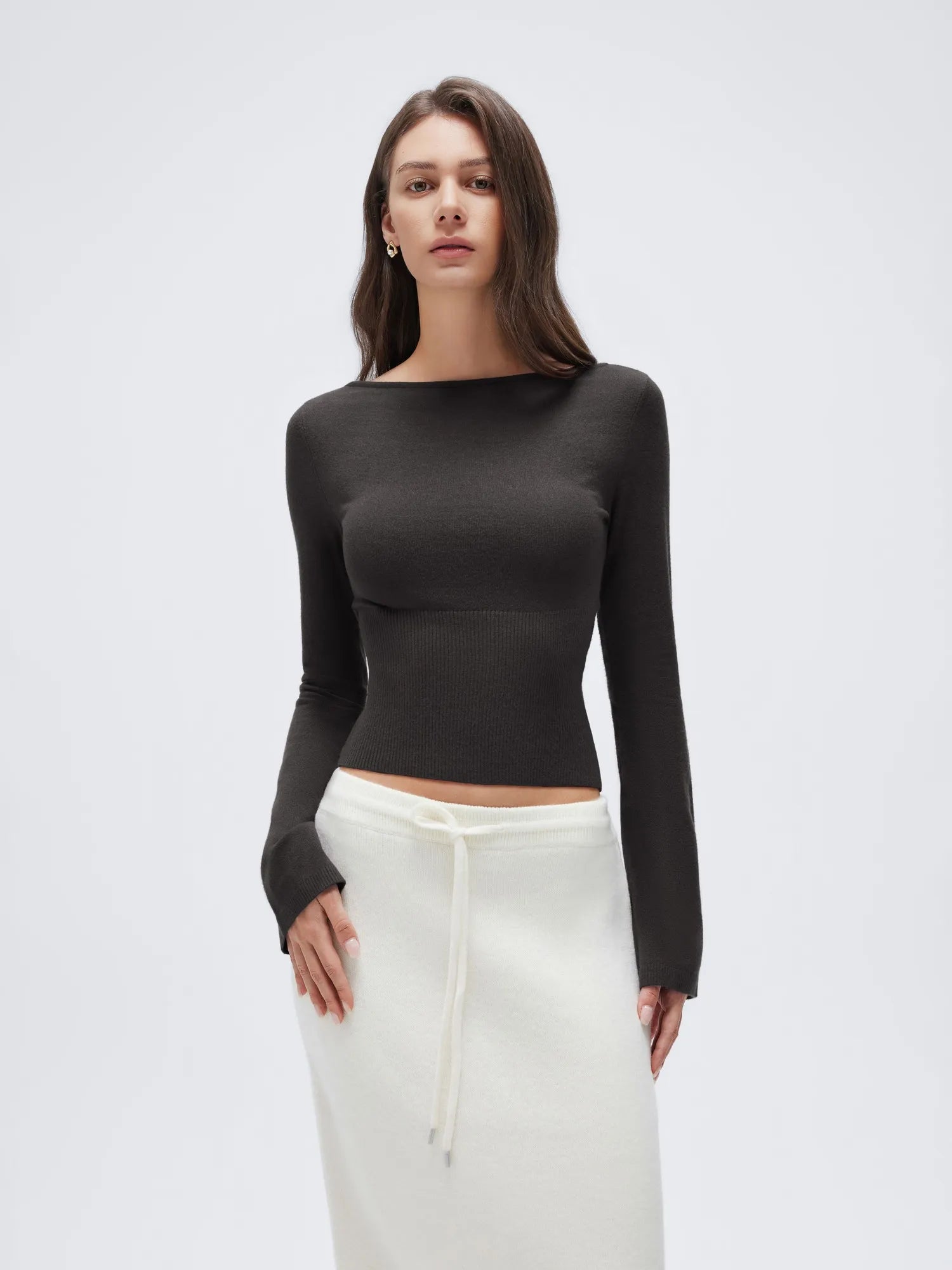 Cashmere Cinched Waist Boat Neck Bell Sleeve Sweaters-SUUKSESS-Grey-XS-SUUKSESS