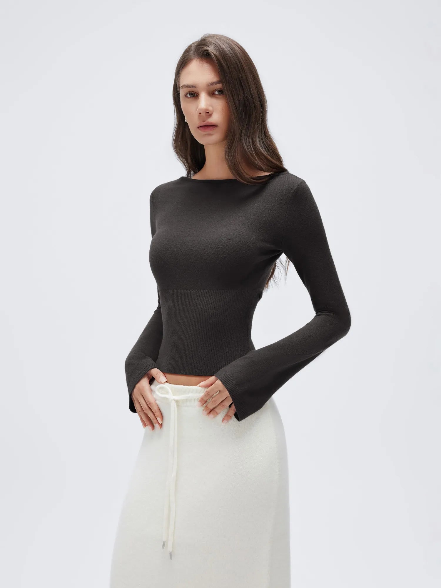 Cashmere Cinched Waist Boat Neck Bell Sleeve Sweaters-SUUKSESS-SUUKSESS