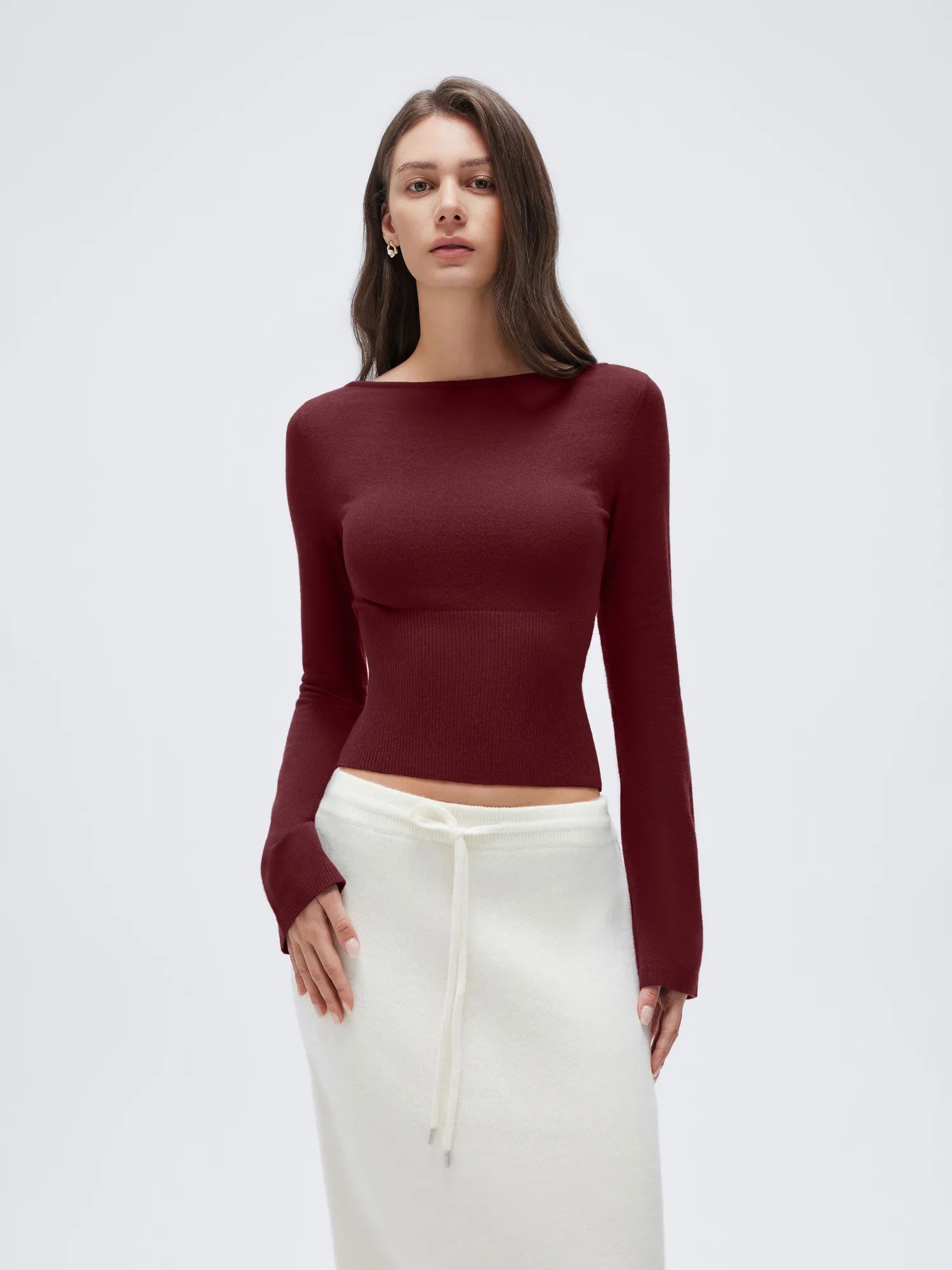 Cashmere Cinched Waist Boat Neck Bell Sleeve Sweaters-SUUKSESS-Wine-XS-SUUKSESS