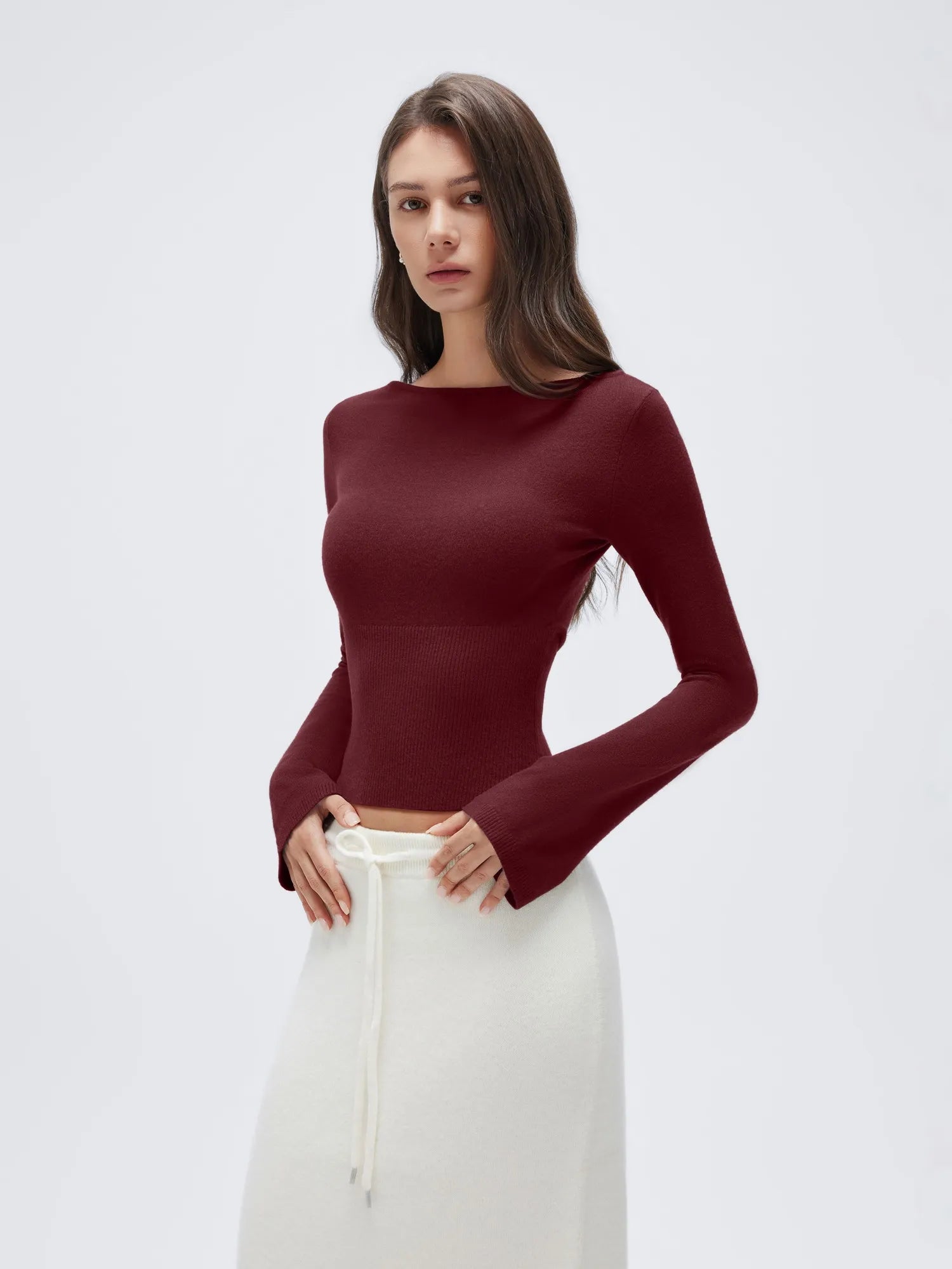 Cashmere Cinched Waist Boat Neck Bell Sleeve Sweaters-SUUKSESS-SUUKSESS