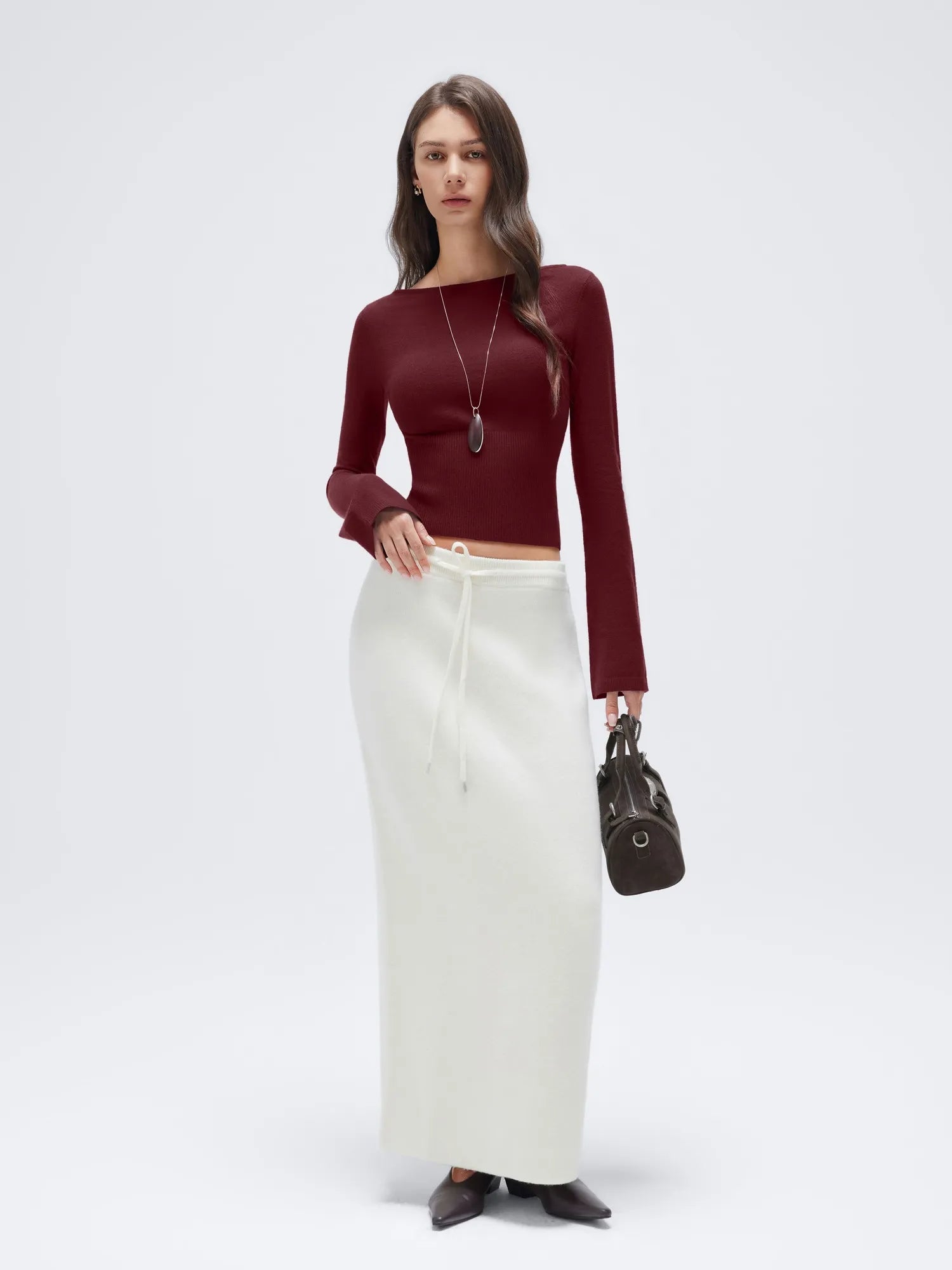 Cashmere Cinched Waist Boat Neck Bell Sleeve Sweaters-SUUKSESS-SUUKSESS