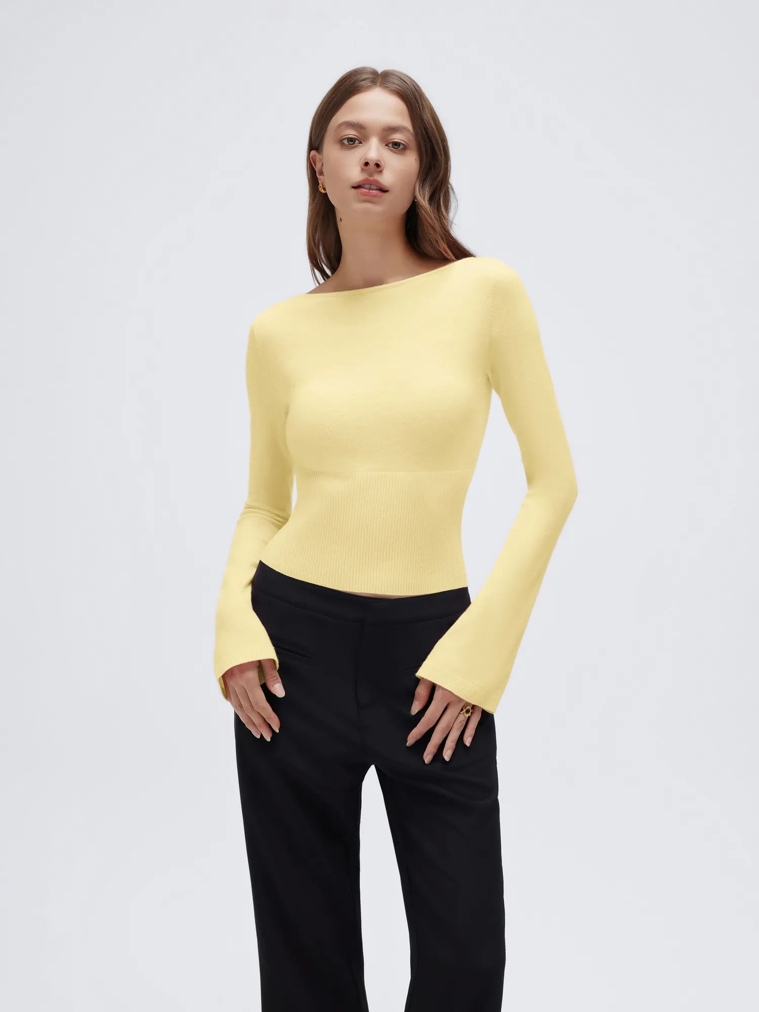Cashmere Cinched Waist Boat Neck Bell Sleeve Sweaters-SUUKSESS-Yellow-XS-SUUKSESS