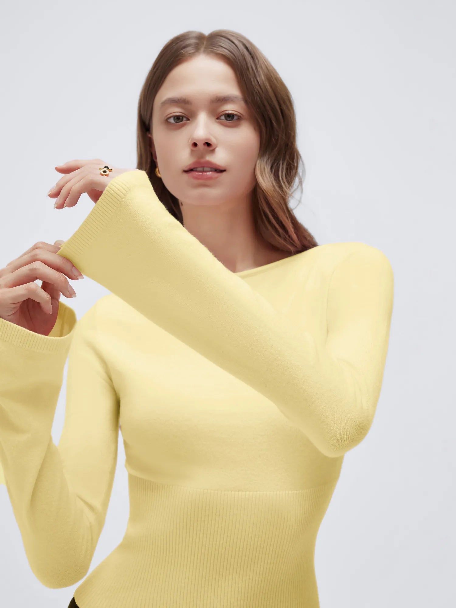 Cashmere Cinched Waist Boat Neck Bell Sleeve Sweaters-SUUKSESS-SUUKSESS