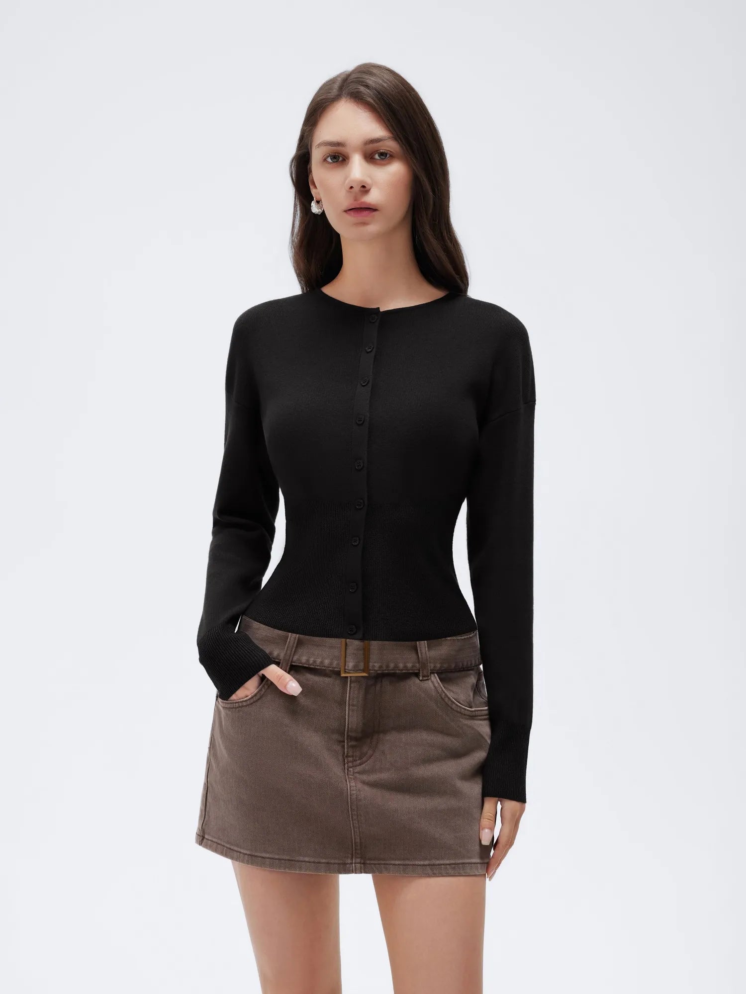 Cashmere Crewneck waistband Cardigan Sweater-SUUKSESS-Black-XS-SUUKSESS