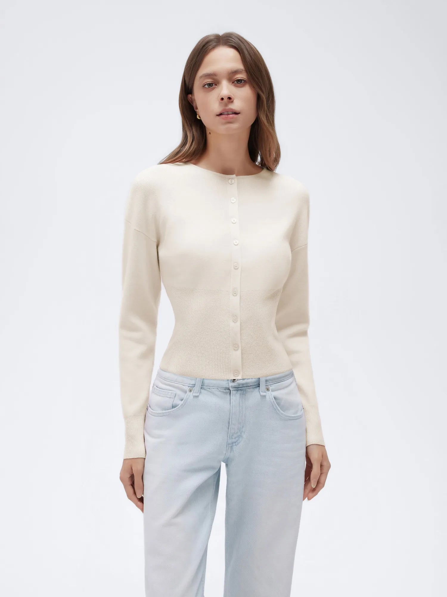 Cashmere Crewneck waistband Cardigan Sweater-SUUKSESS-Beige-XS-SUUKSESS