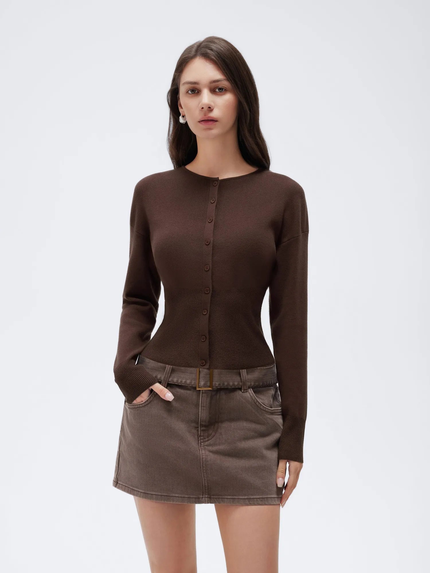 Cashmere Crewneck waistband Cardigan Sweater-SUUKSESS-Dark Brown-XS-SUUKSESS