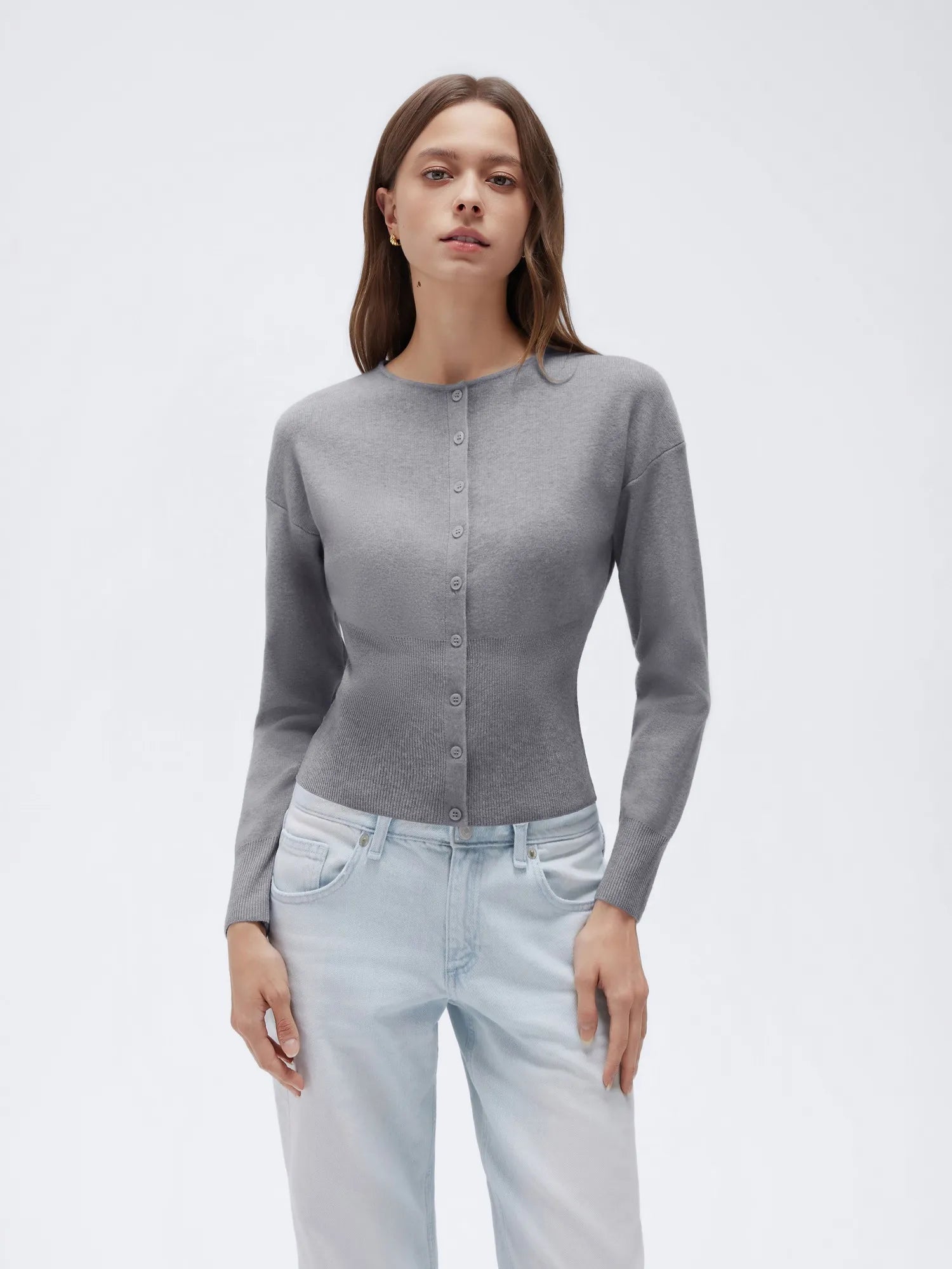 Cashmere Crewneck waistband Cardigan Sweater-SUUKSESS-Grey-XS-SUUKSESS