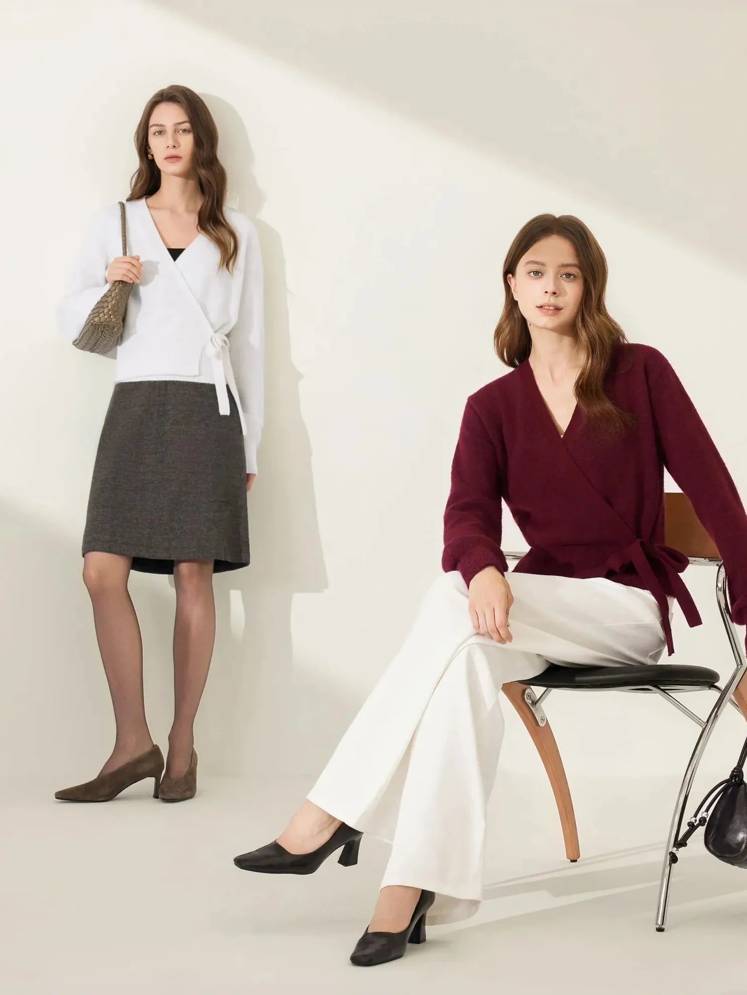 Wool V Neck Tie Waist Sweater - Long Sleeve-SUUKSESS-SUUKSESS