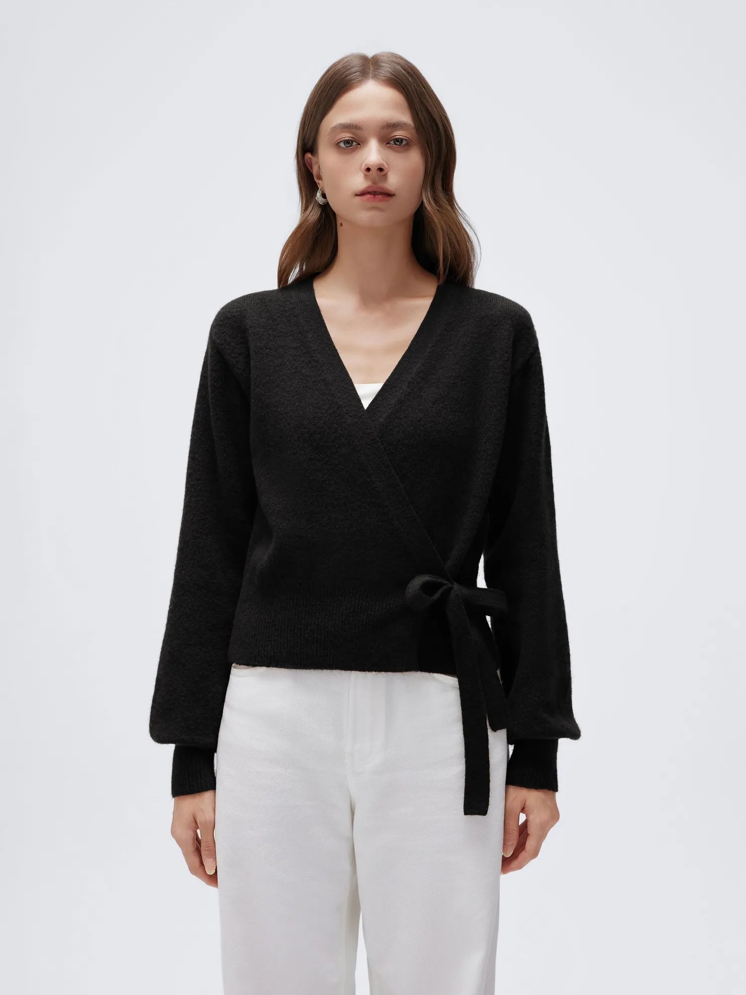 Wool V Neck Tie Waist Sweater - Long Sleeve-SUUKSESS-Black-XS-SUUKSESS