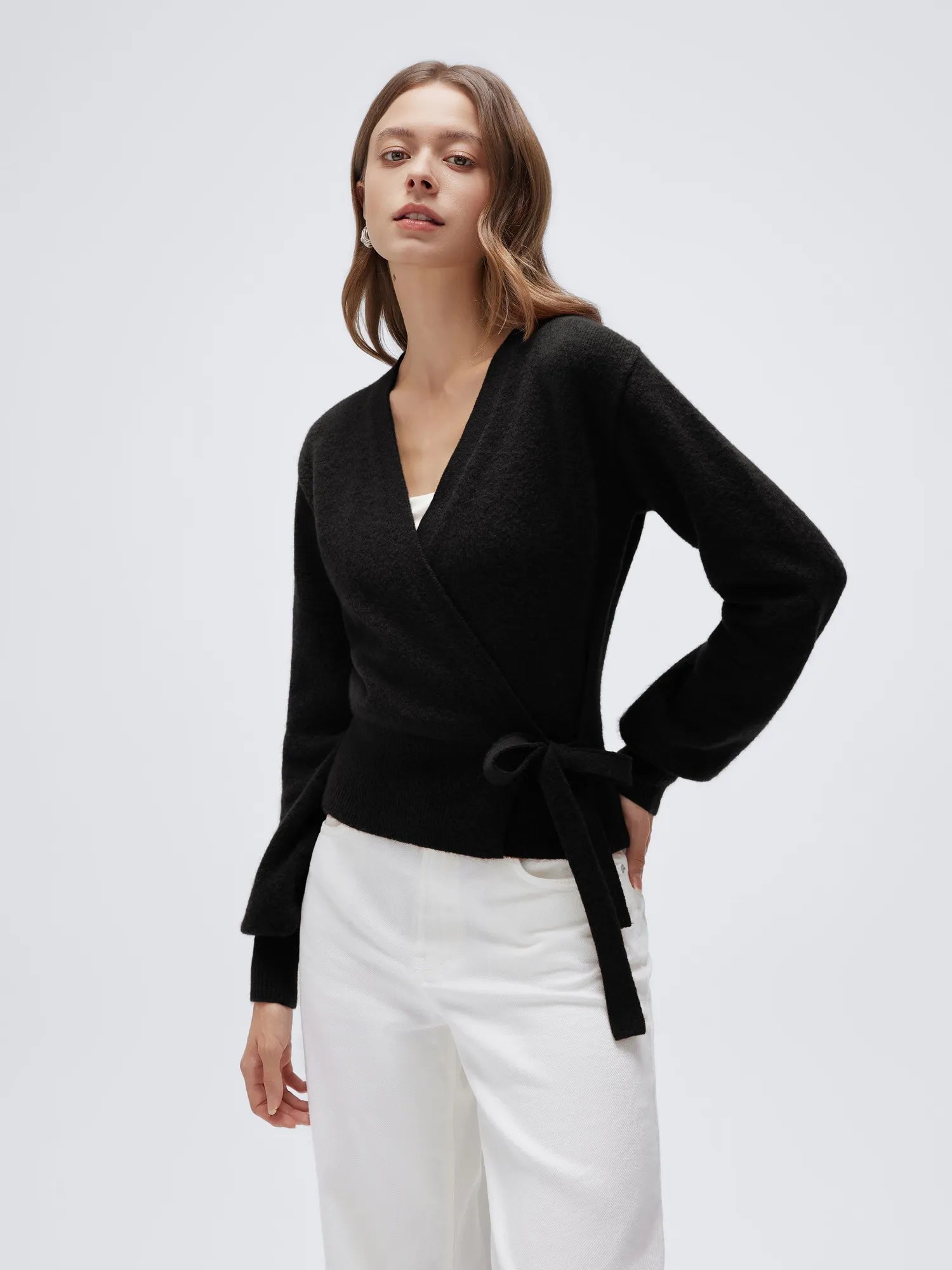 Wool V Neck Tie Waist Sweater - Long Sleeve-SUUKSESS-SUUKSESS