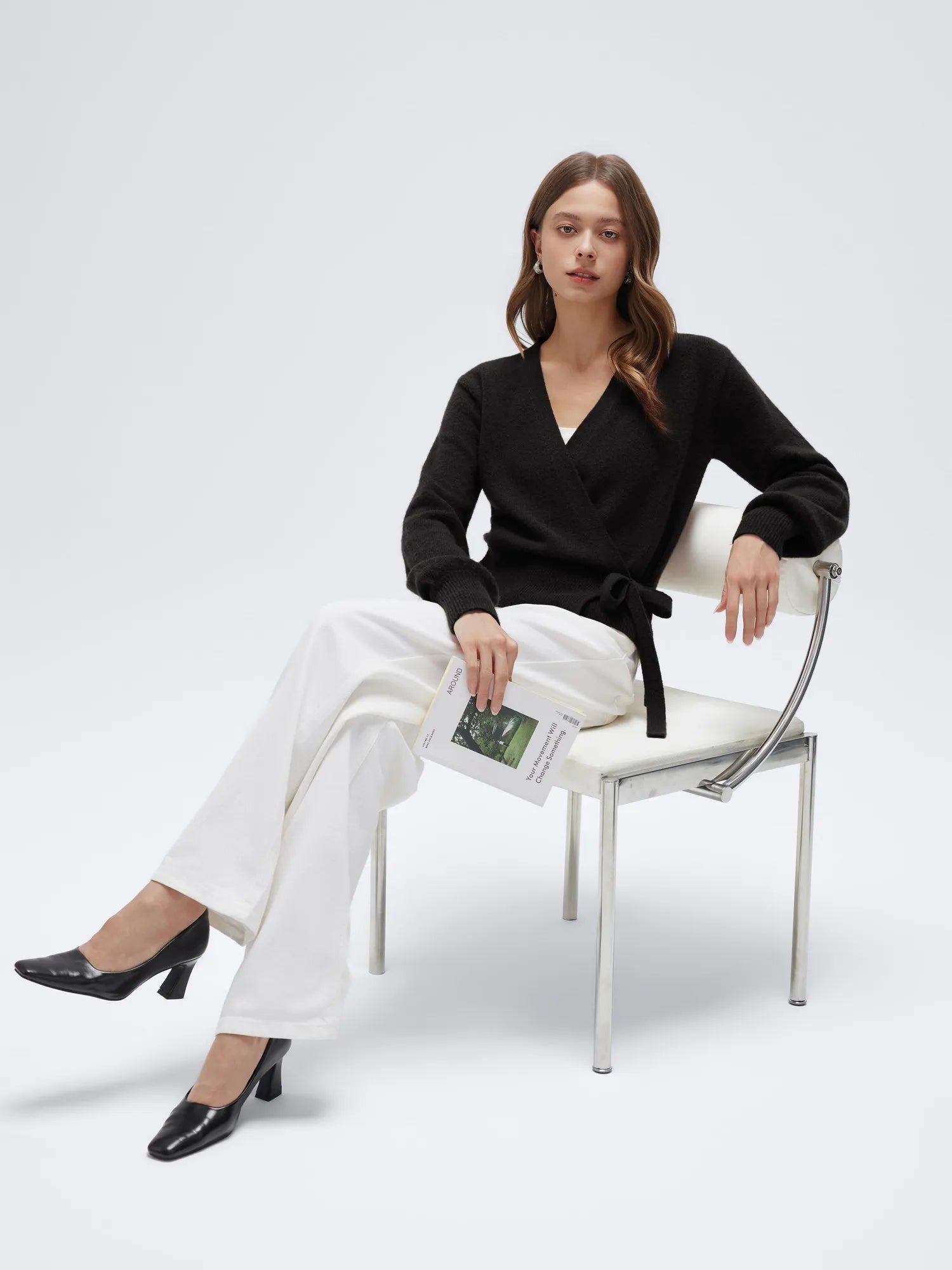 Wool V Neck Tie Waist Sweater - Long Sleeve-SUUKSESS-SUUKSESS